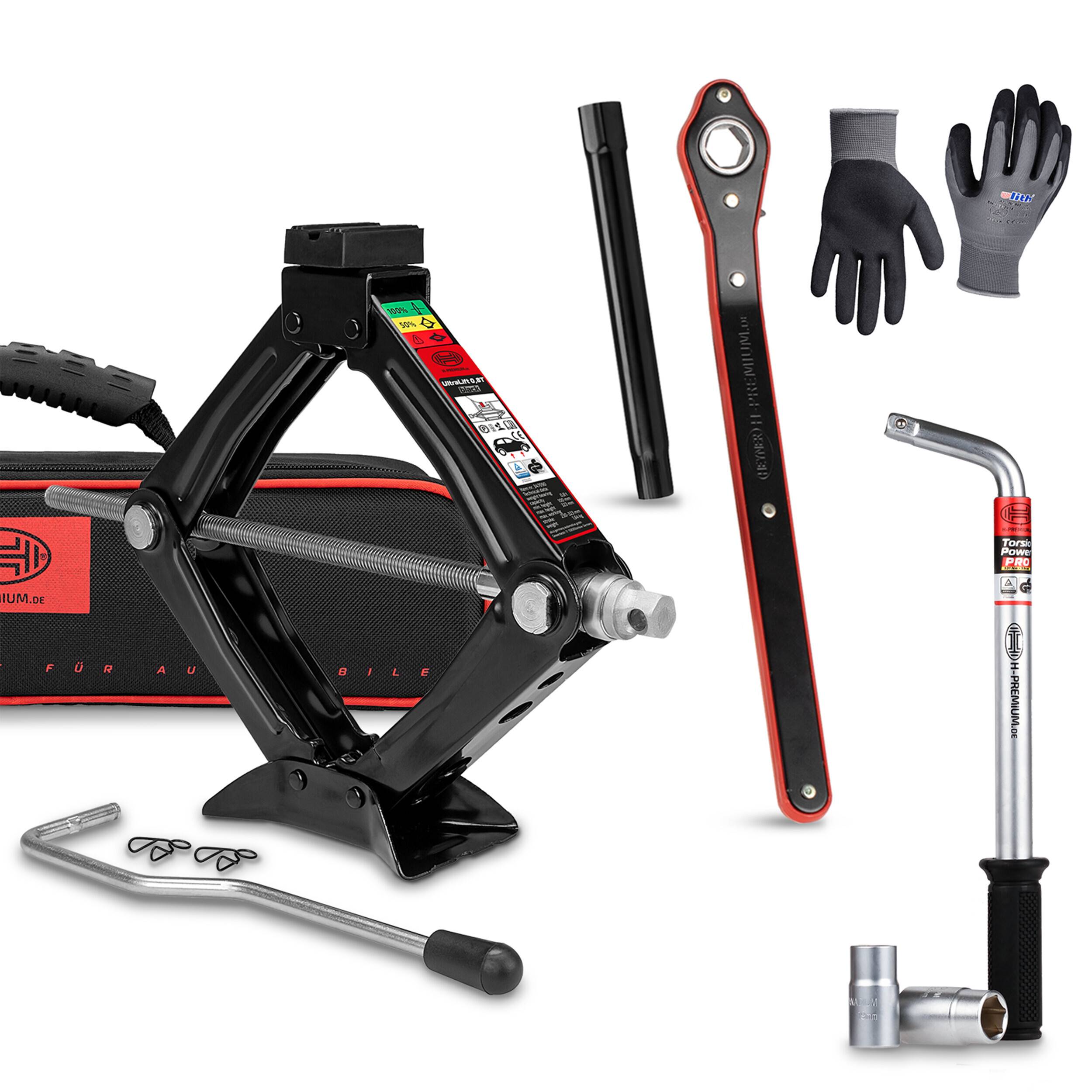 HEYNER® Wagenheber 0,8 t Traglast Scherenwagenheber Set mit Radmutternschlüssel & Montagehandschuhe drehbarer Sattel und