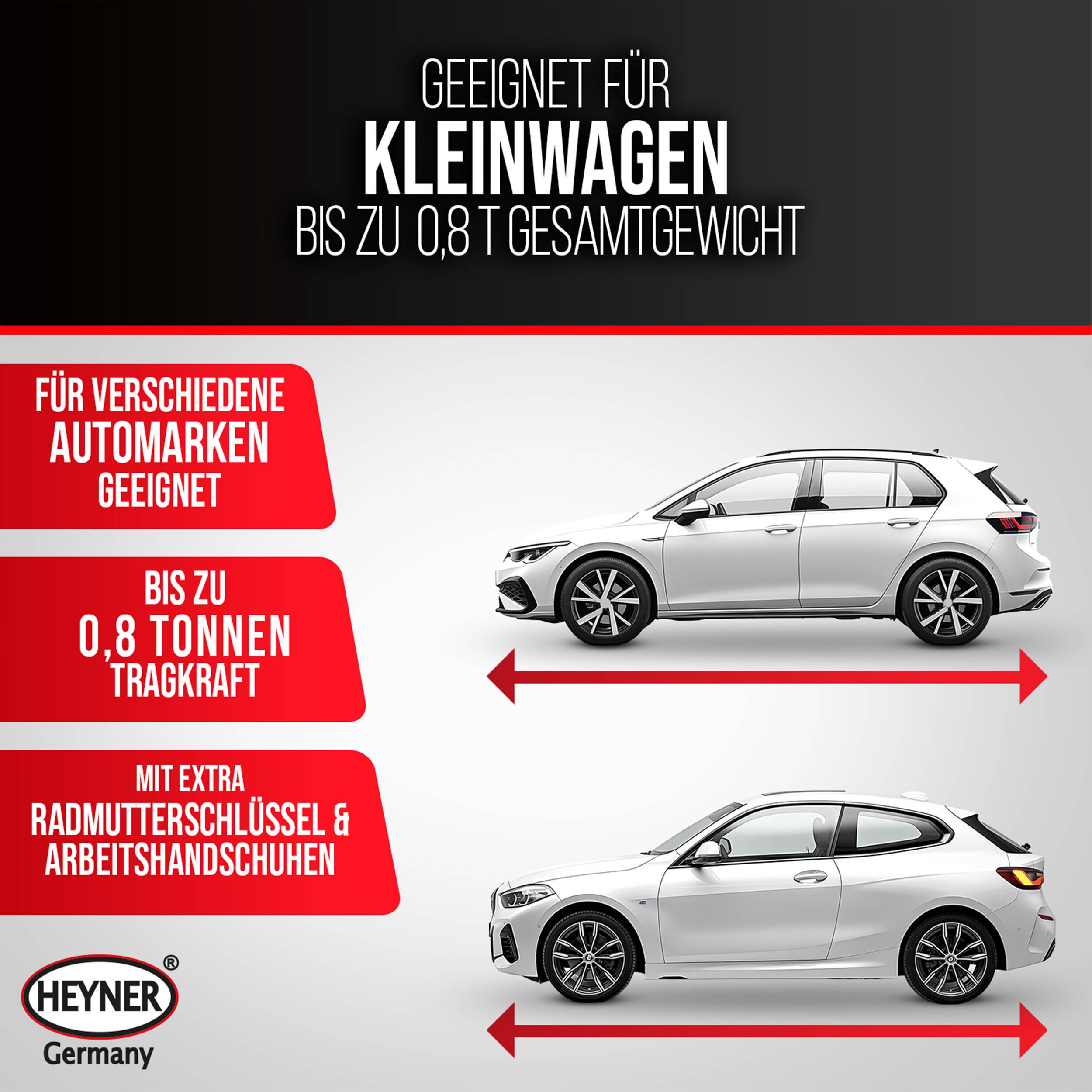 HEYNER® Scherenwagenheber Set 0,8 t, 100-323 mm Hubhöhe Wagenheber Bundle inkl. Radmutternschlüssel,