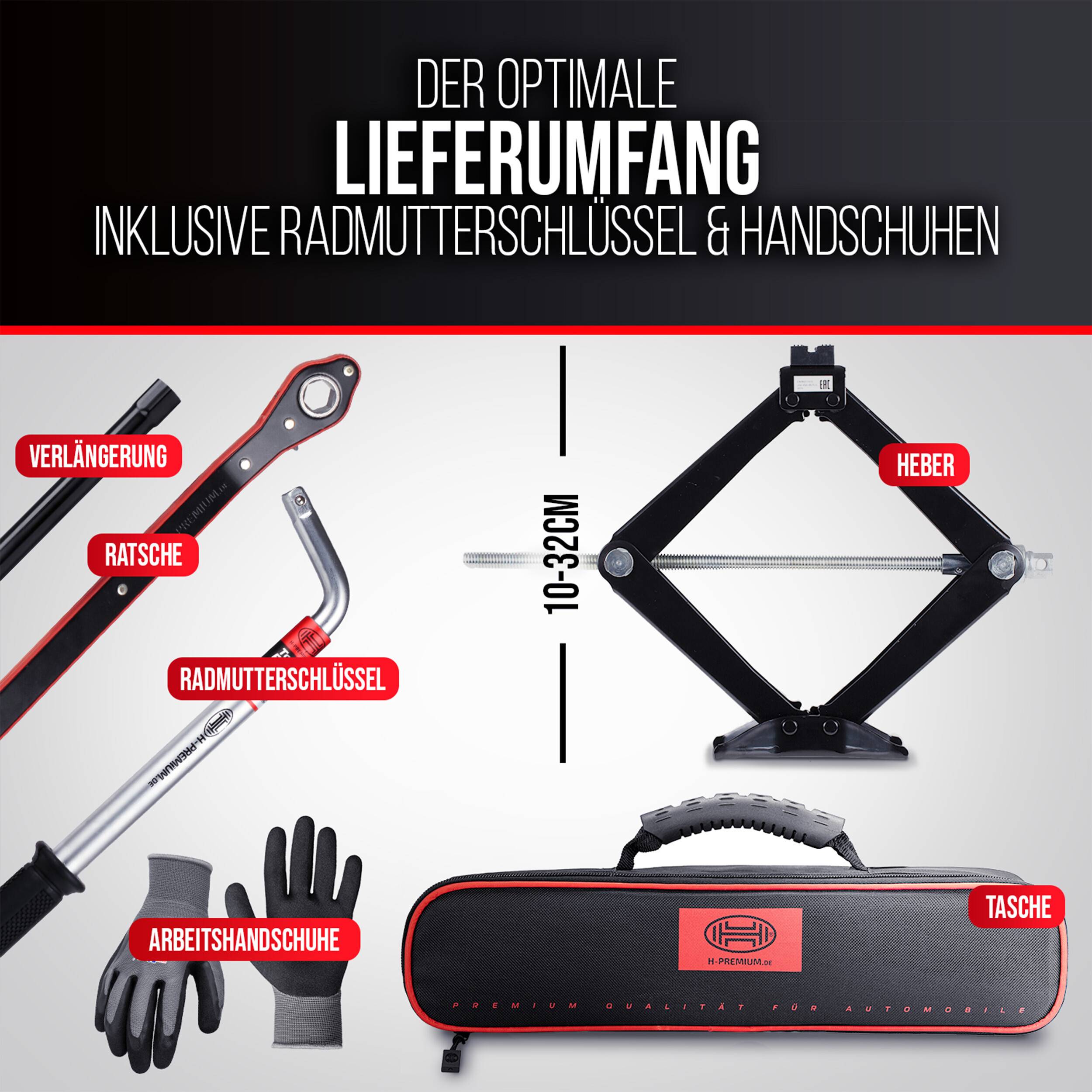 Produktset mit optimalem Lieferumfang: Verlängerung, Ratsche, Radschlüssel, Arbeitshandschuhe, Transportkoffer und ein Scherenwagenheber, höhenverstellbar von 10–32 cm.
