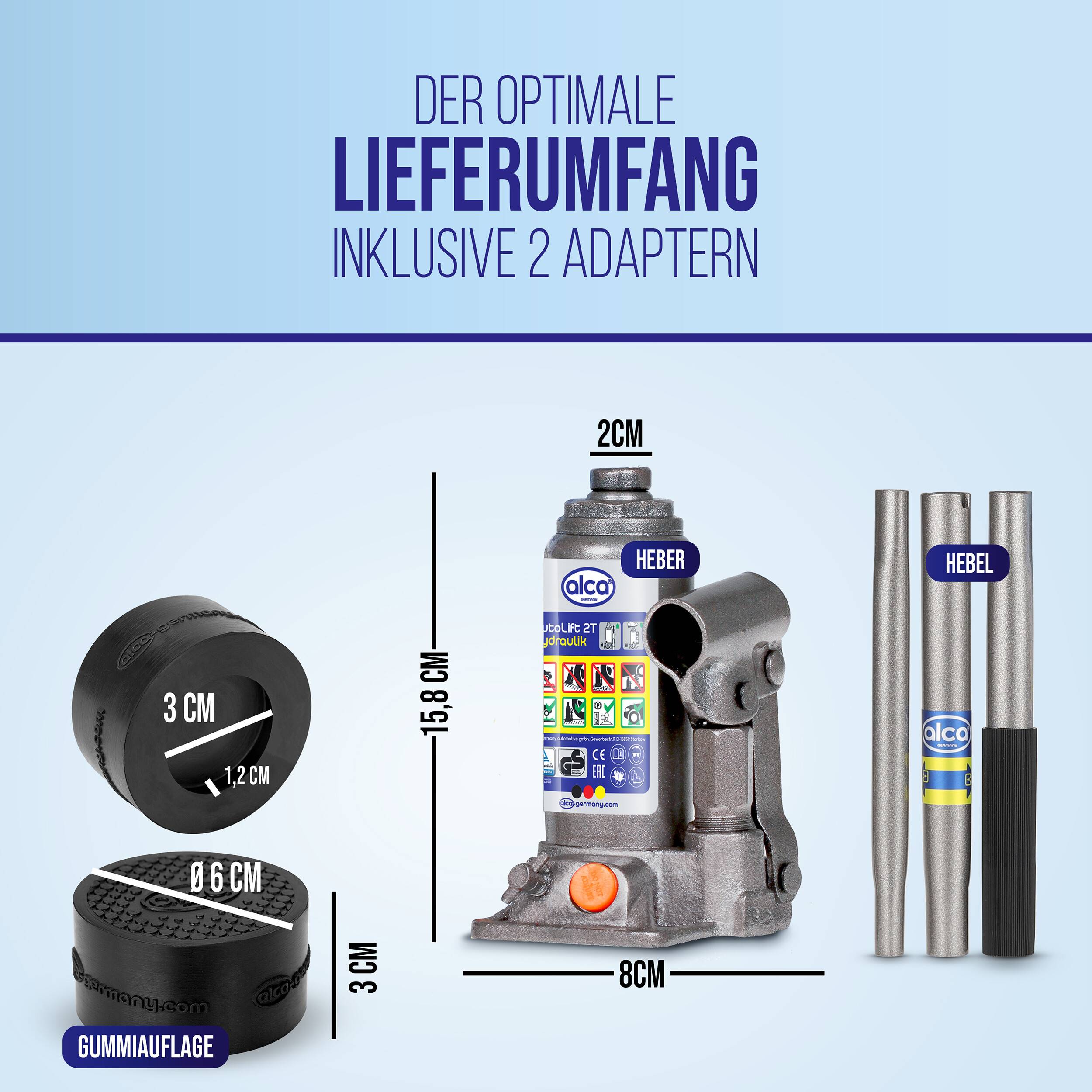 Produktdiagramm mit idealem Lieferumfang einschließlich 2 Adapter, mit Abmessungen für Teile: 3 cm, 1,2 cm, 15,8 cm, 2 cm, 8 cm und Optionen für Gummiauflagen.