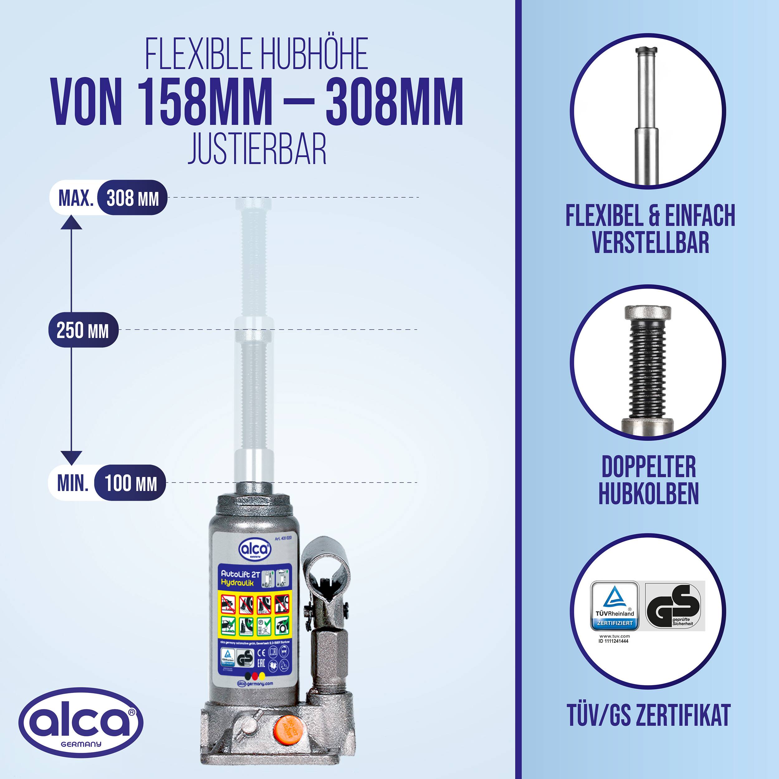 Infografik eines verstellbaren hydraulischen Wagenhebers mit flexibler Hubhöhe von 158 mm bis 308 mm; zeigt max 308 mm, 250 mm, min 100 mm und TÜV/GS-Zertifizierung.