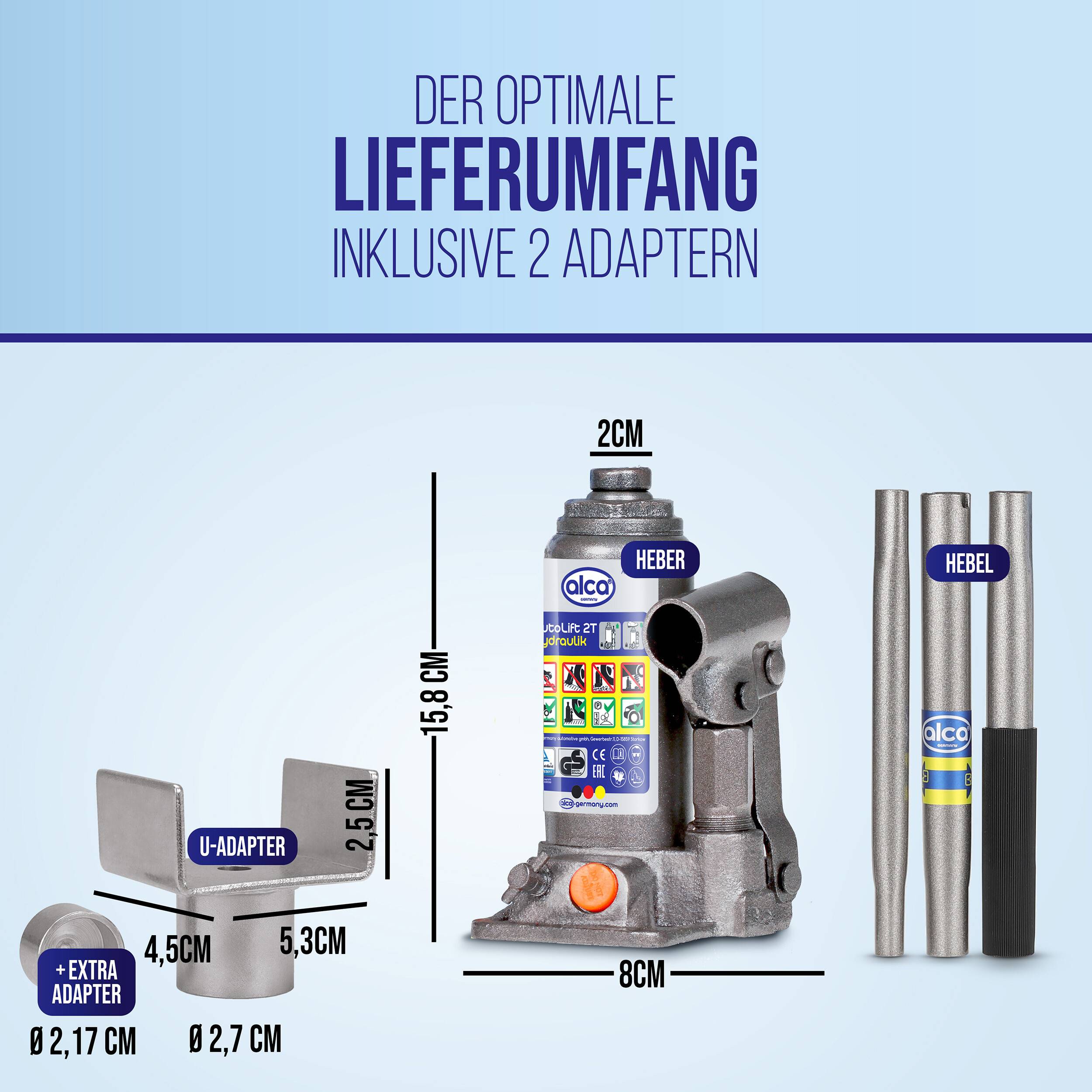 alca® hydraulischer Wagenheber 2t mit U-Adapter I für Caravan Anhänger Auto Motorrad & SUV I Stempelheber aus Stahl -