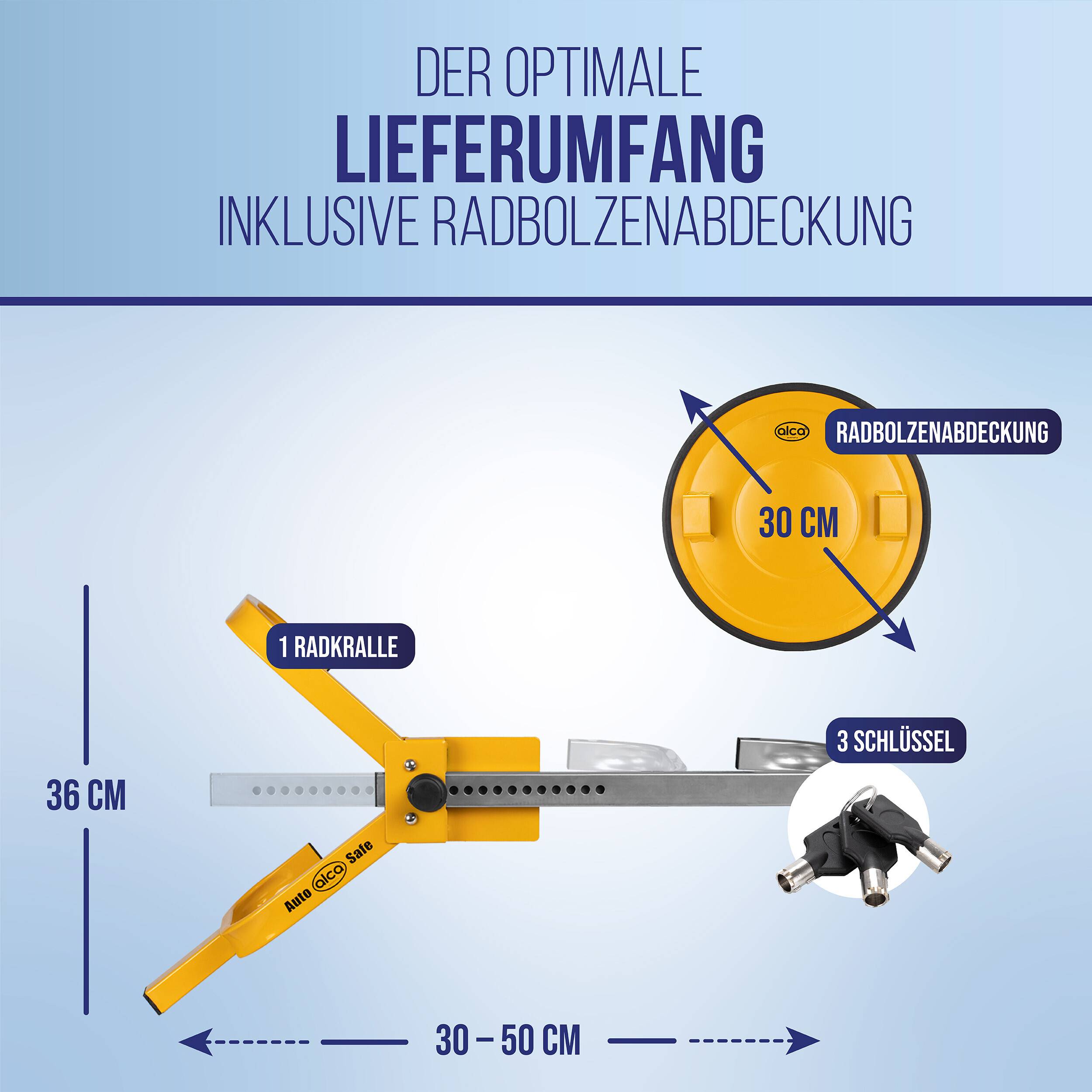 Infografik zeigt den optimalen Lieferumfang für eine Radklemme: 1 Ratsche, 3 Schlüssel, Radabdeckung und Abmessungen von 36 cm Höhe x 30–50 cm Breite.