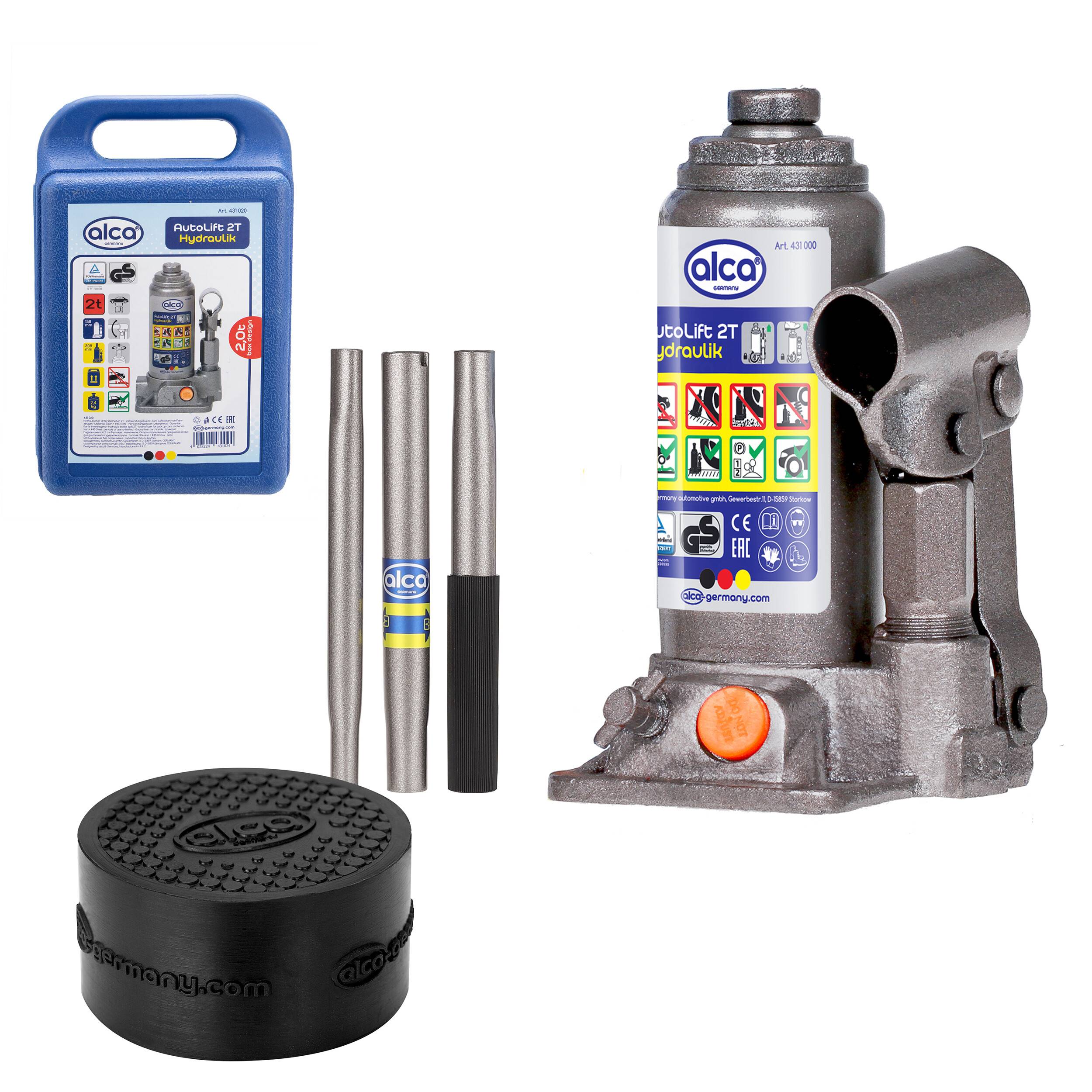 Wagenheberset mit hydraulischem Flaschenholer, drei Metallverlängerungsstangen, Kunststoffkoffer und schwarzem Gummipad. Geeignet zum Heben von Fahrzeugen.