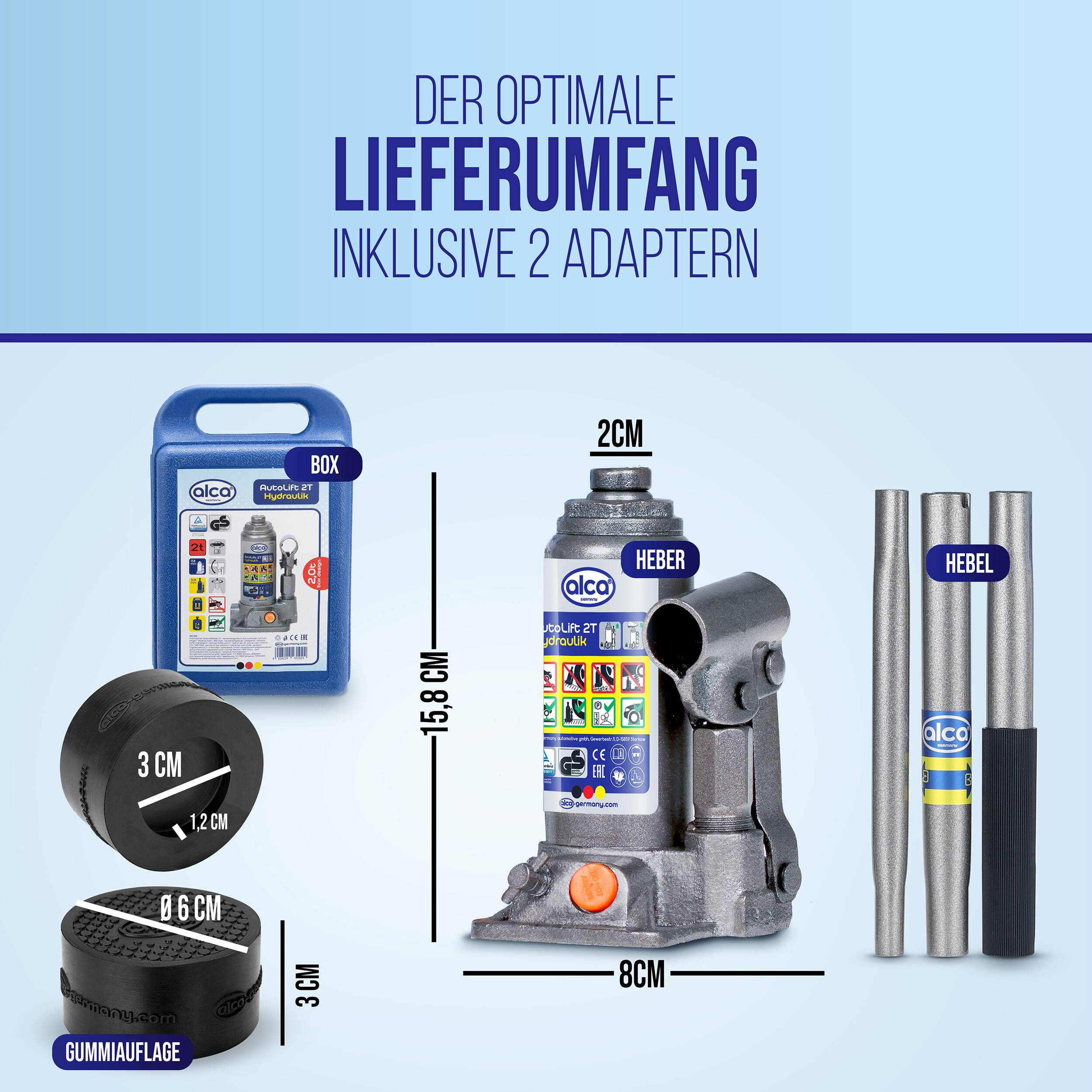 alca® Stempelwagenheber Set I Hydraulischer Unterstellheber 2t im Koffer