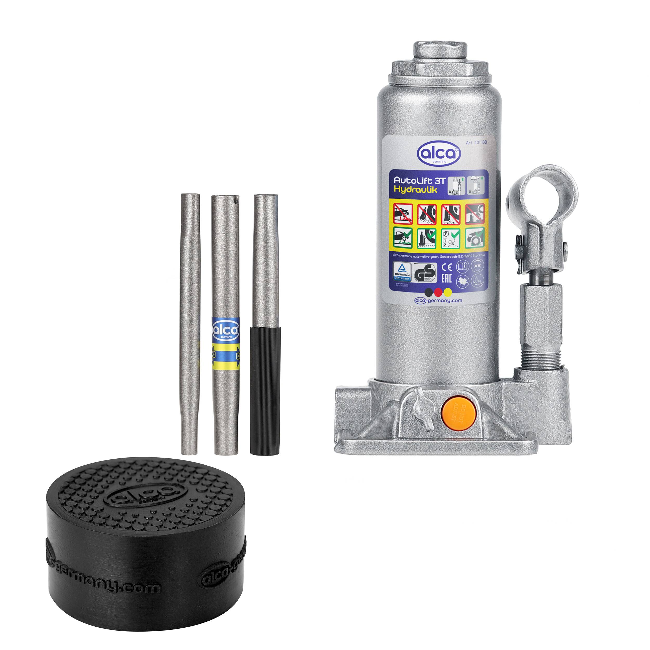 Hydraulischer Wagenheber mit verstellbarem Sattel, Griffen und rundem Sockel zum Heben von Fahrzeugen. Geeignet für kompakte Lagerung und einfache Bedienung.