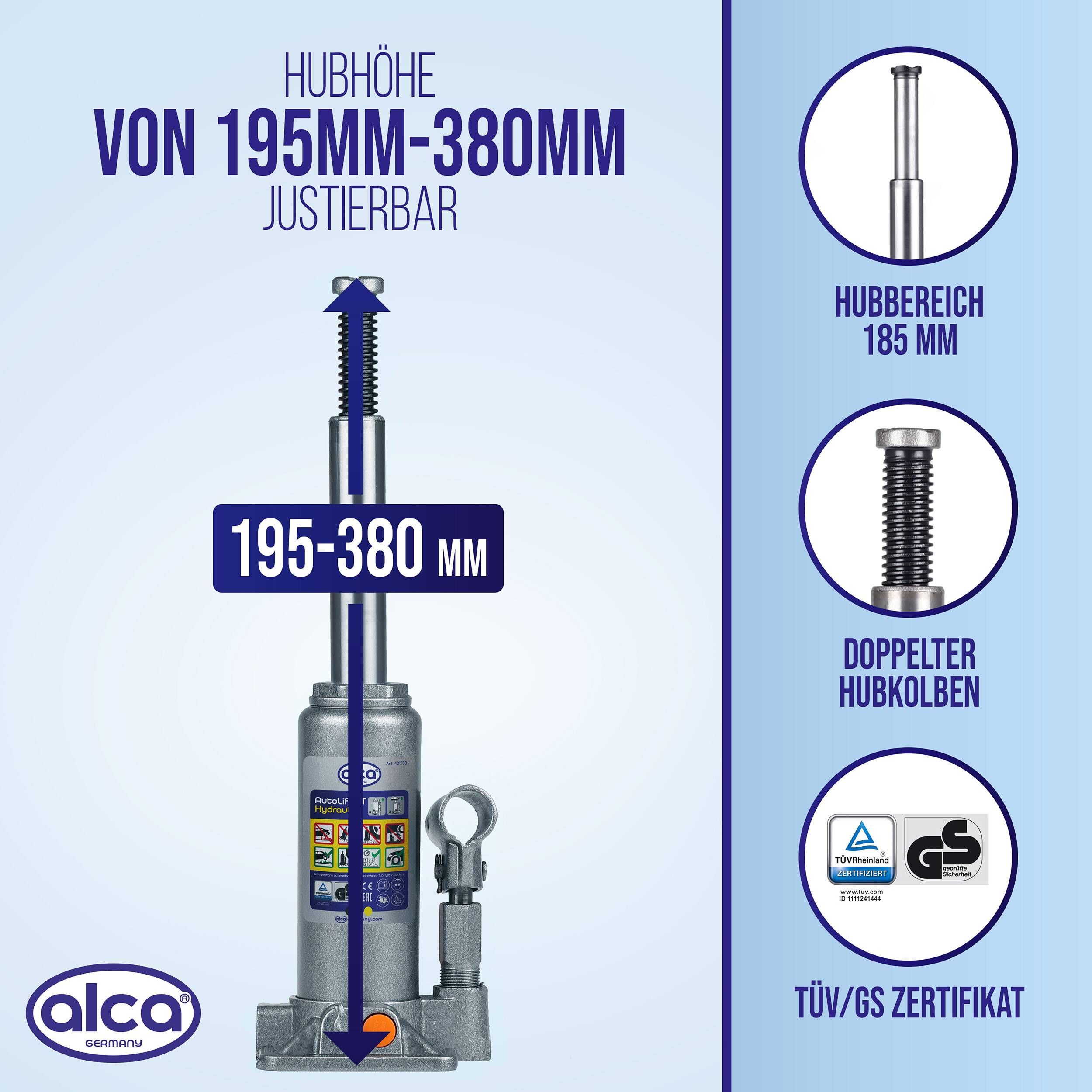 Hydraulischer Wagenheber-Infografik mit einstellbarer Hubhöhe von 195 bis 380 mm, 185 mm Hub, doppeltem Hubkolben und TÜV/GS-Zertifizierung.