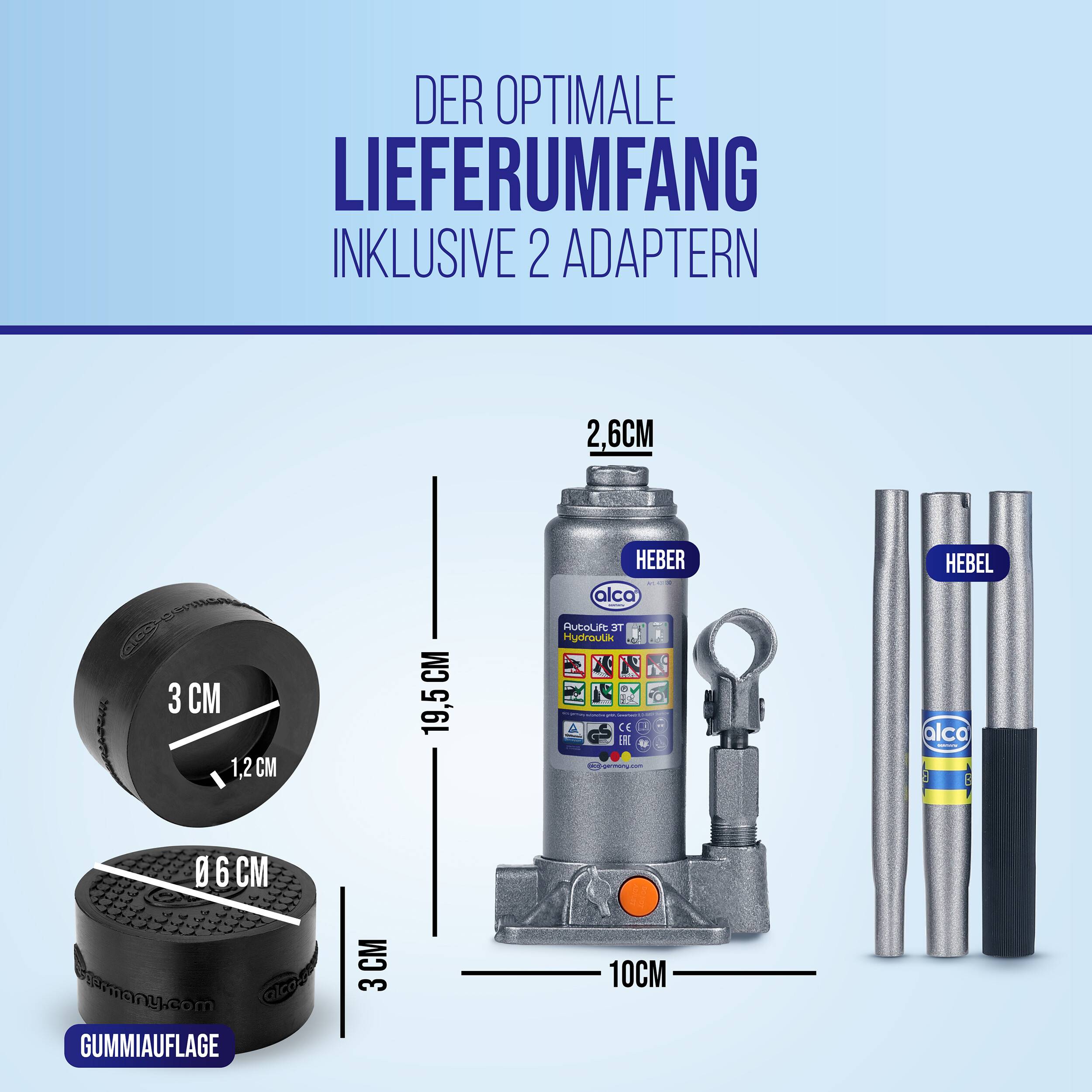 Diagramm, das das optimale Lieferpaket zeigt: Wagenheber, Hebel und zwei Adapter mit beschrifteten Schlüsseldimensionen von 19,5 cm, 10 cm, 3 cm, 2,6 cm, 3 cm und 1,2 cm.