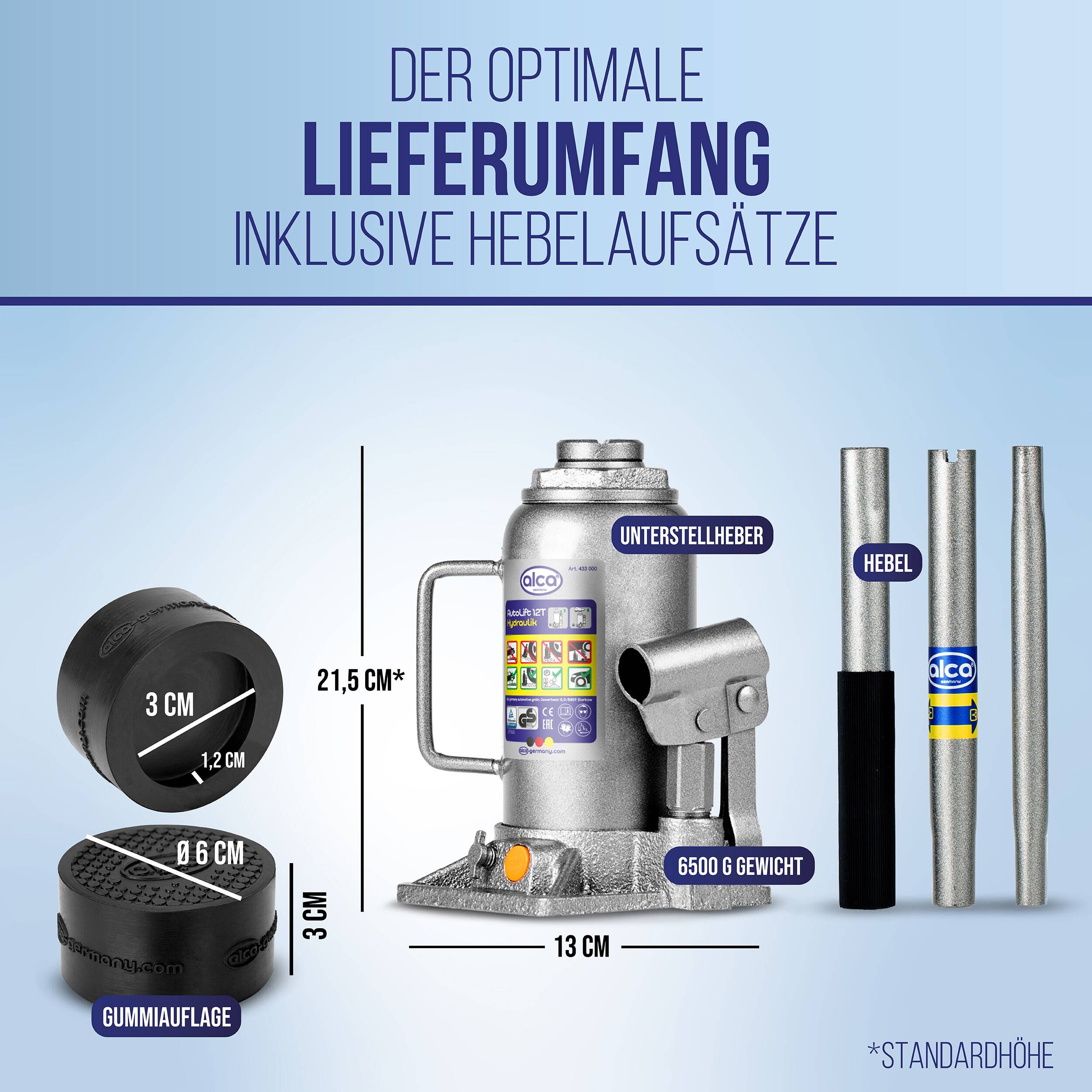 Infografik eines Wagenheber-Sets mit optimalem Lieferumfang mit Hubverlängerungen: Wagenheber, Gummiauflage und drei Hebelstangen, beschriftet mit Abmessungen und Gewichten.