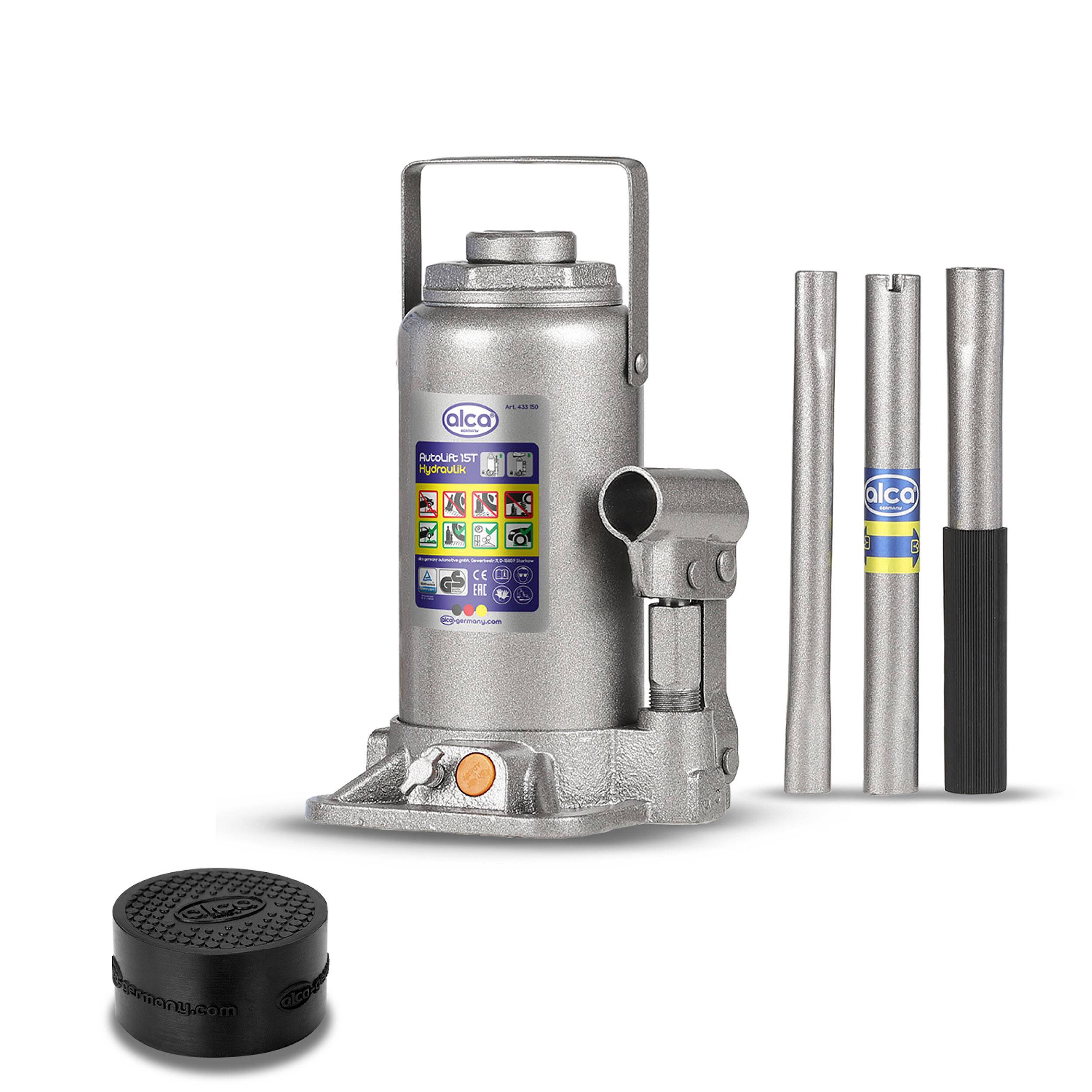 Ein hydraulischer Flaschendomkrat mit Griffkomponenten und einer runden Gummiauflage, zum Heben von Fahrzeugen verwendet, vor einem einfachen Hintergrund angezeigt.