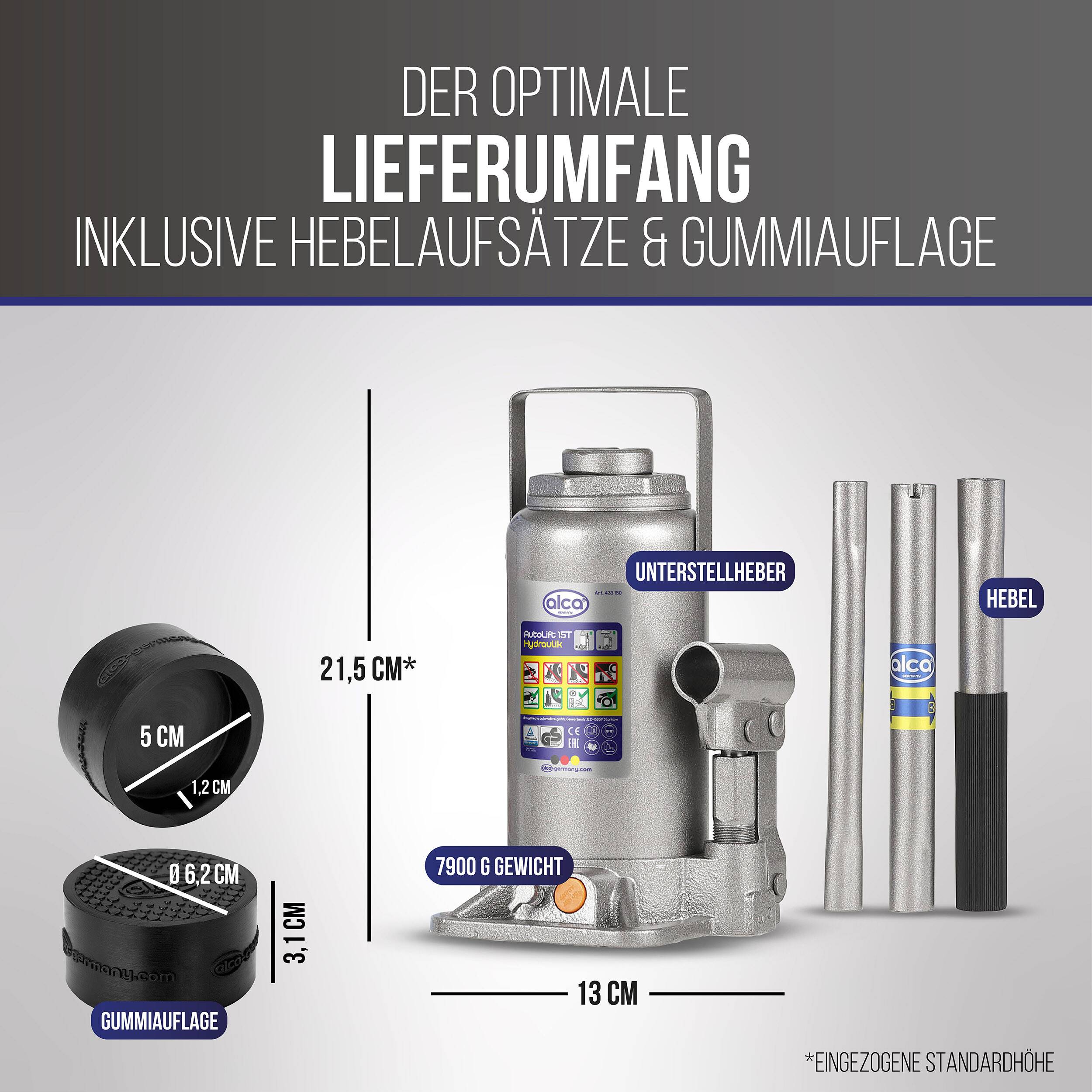 Diagramm zeigt ein Flaschenheberset mit Heber, zwei Hubstangen und Gummipad; beschriftete Abmessungen umfassen 13 cm, 21,5 cm, 3,1 cm, 5 cm, 1,2 cm, 6,2 cm und ein Gewicht von 7900 g.