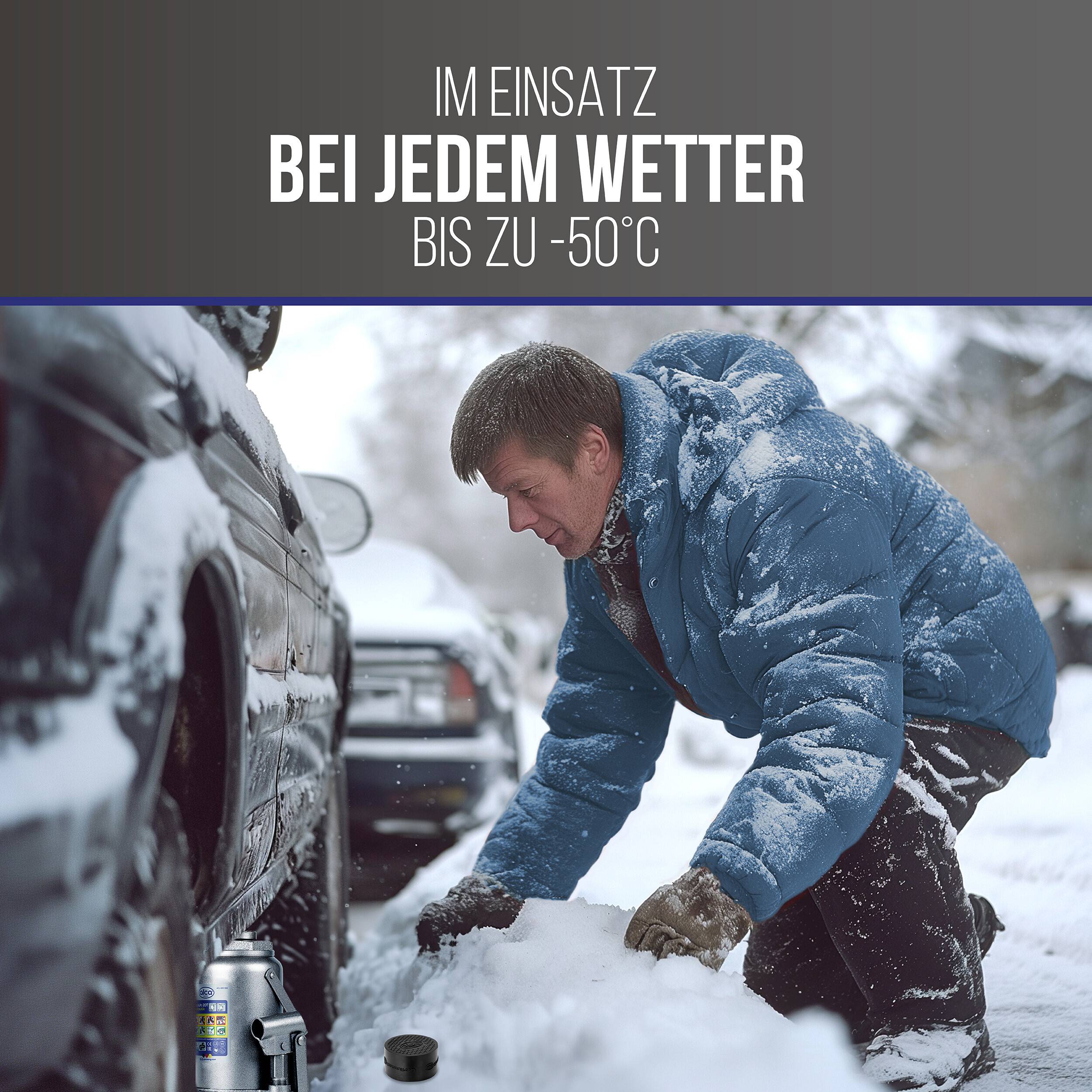 Ein Mann in blauer Winterjacke räumt Schnee neben einem Auto in einer verschneiten Szene; deutscher Text sagt „IM EINSATZ BEI JEDEM WETTER BIS ZU -50°C