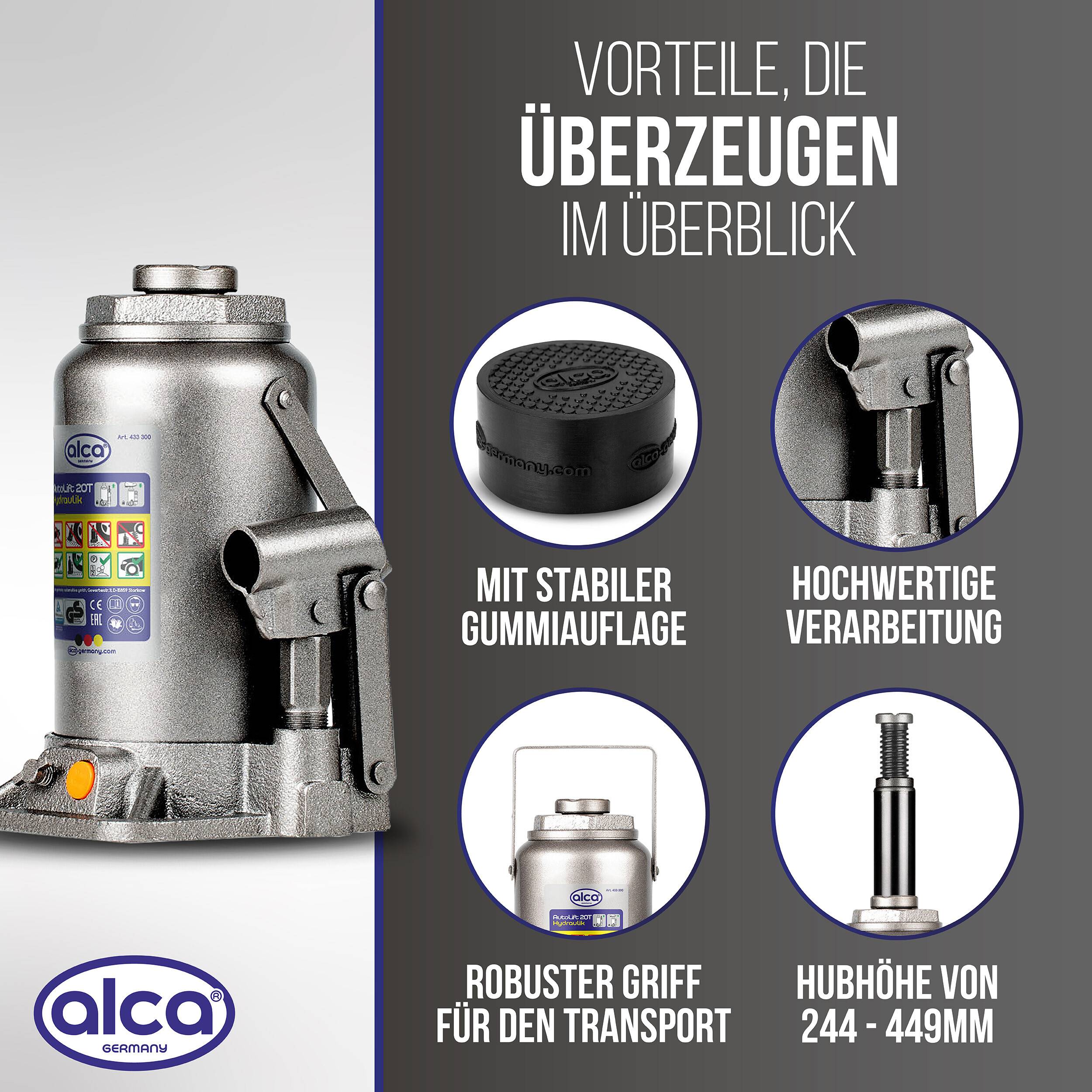 alca® Wagenheber Set hydraulisch 20 t 244-449mm Hubhöhe inkl. Gummiauflage Doppelkolben Stempelheber mit