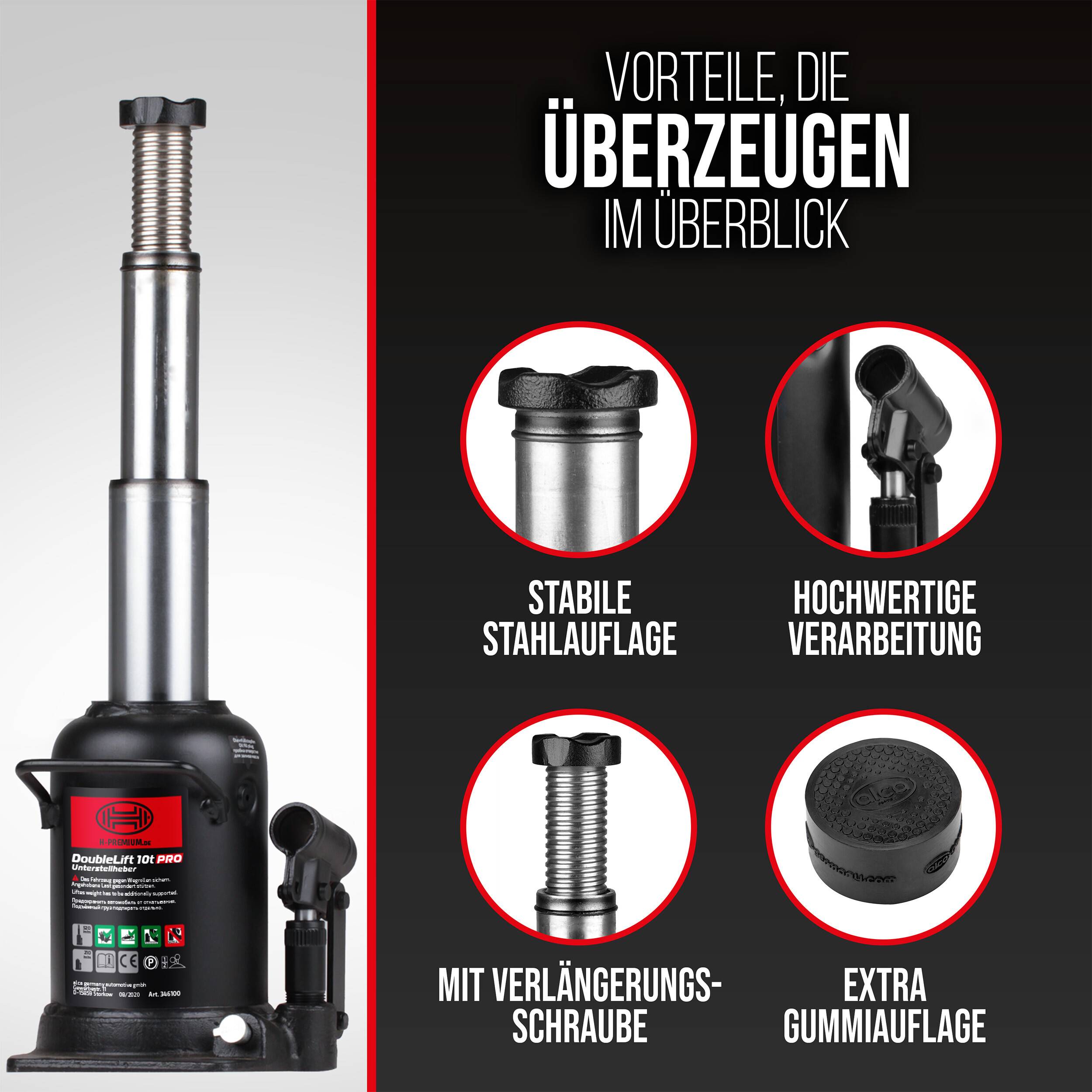 Produktfoto eines hydraulischen Flaschenhubers mit Verlängerungsschraube, das vier hervorgehobene Merkmale zeigt: stabile Stahlbasis, hochwertige Verarbeitung, Verlängerungsschraube und zusätzliches Gummipad.