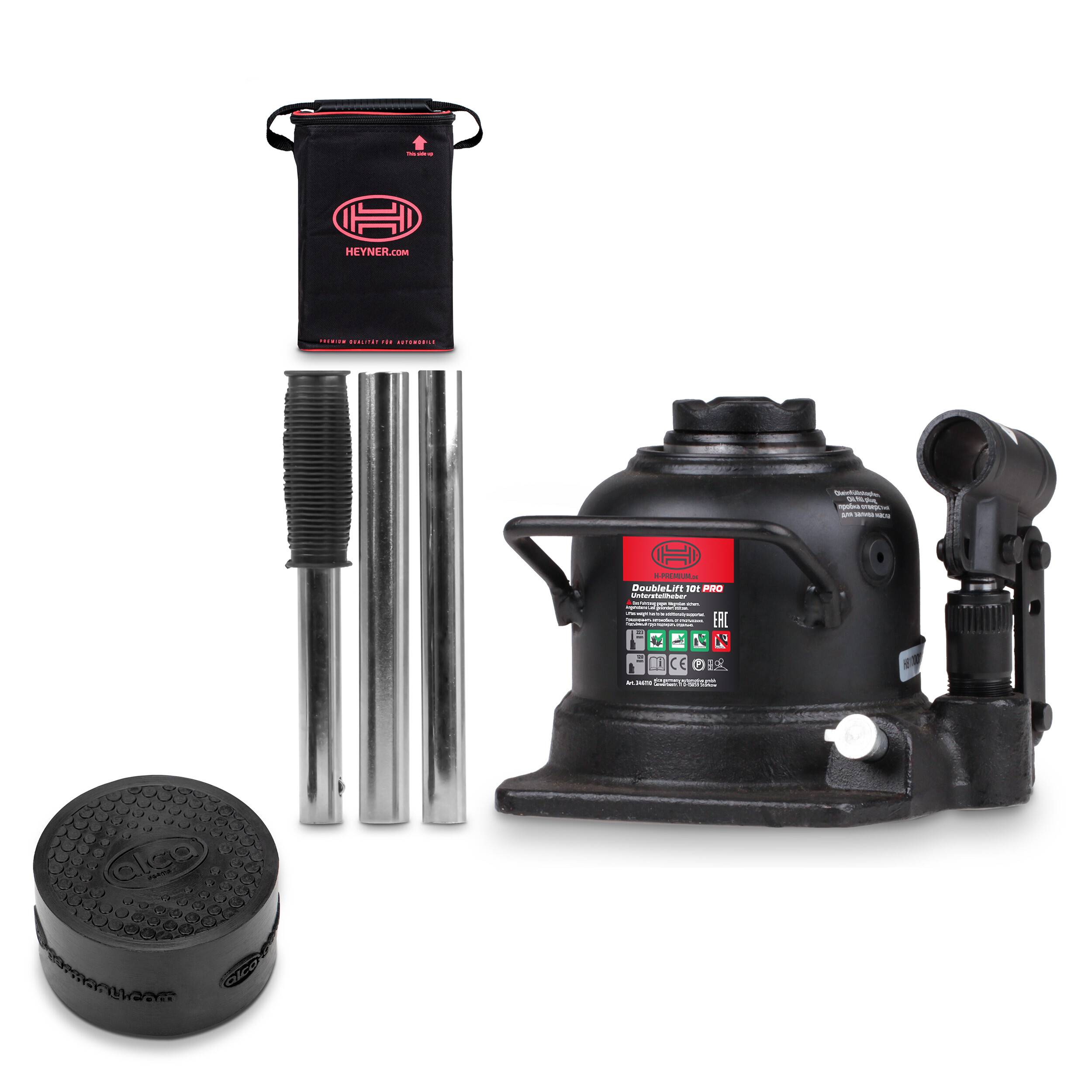 HEYNER® Autoheber Set 10t extra flach I hydraulischer Wagenheber 2-stufig mit alca® Gummiauflage I Unterstellheber für
