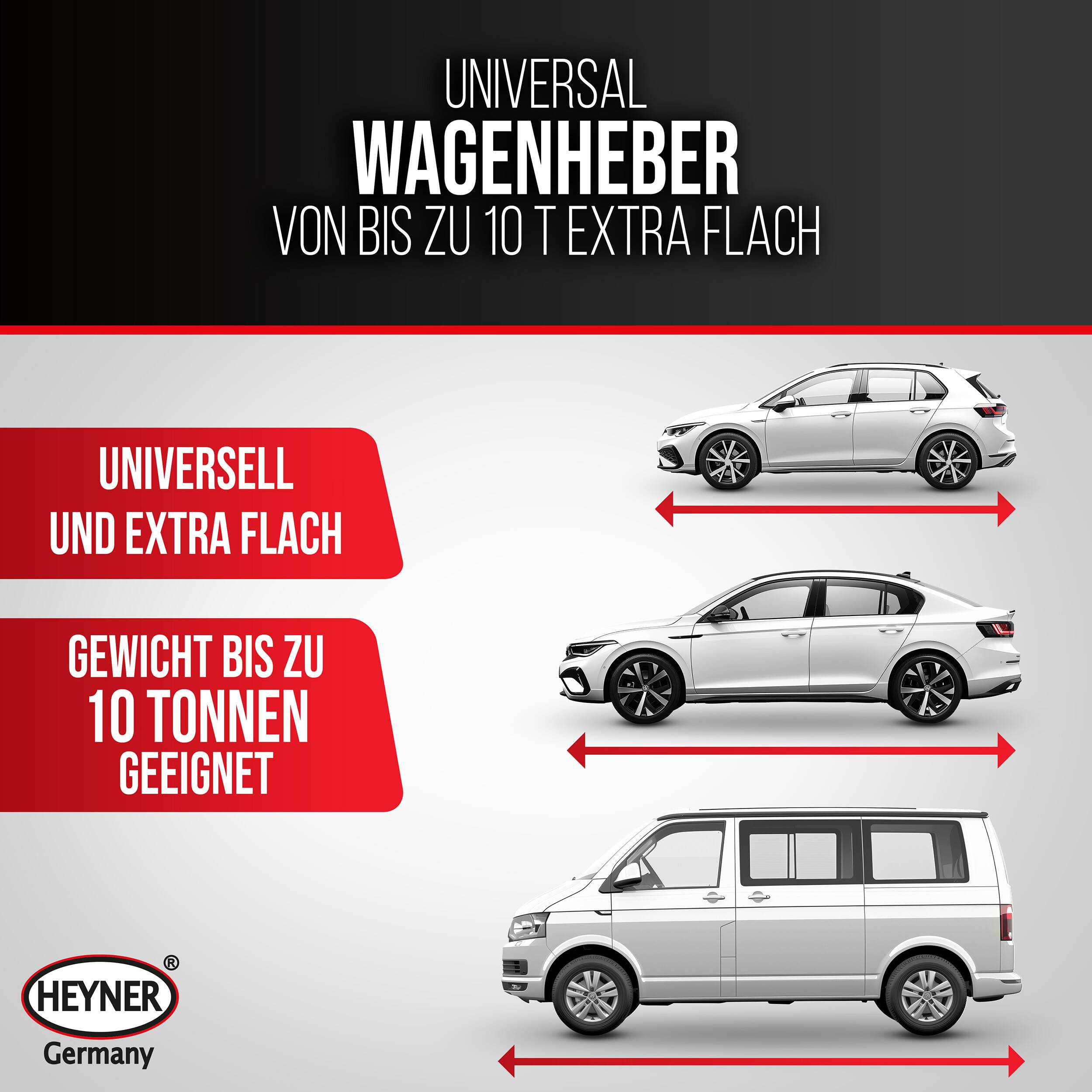 HEYNER® Autoheber Set 10t extra flach I hydraulischer Wagenheber 2-stufig mit alca® Gummiauflage I Unterstellheber für