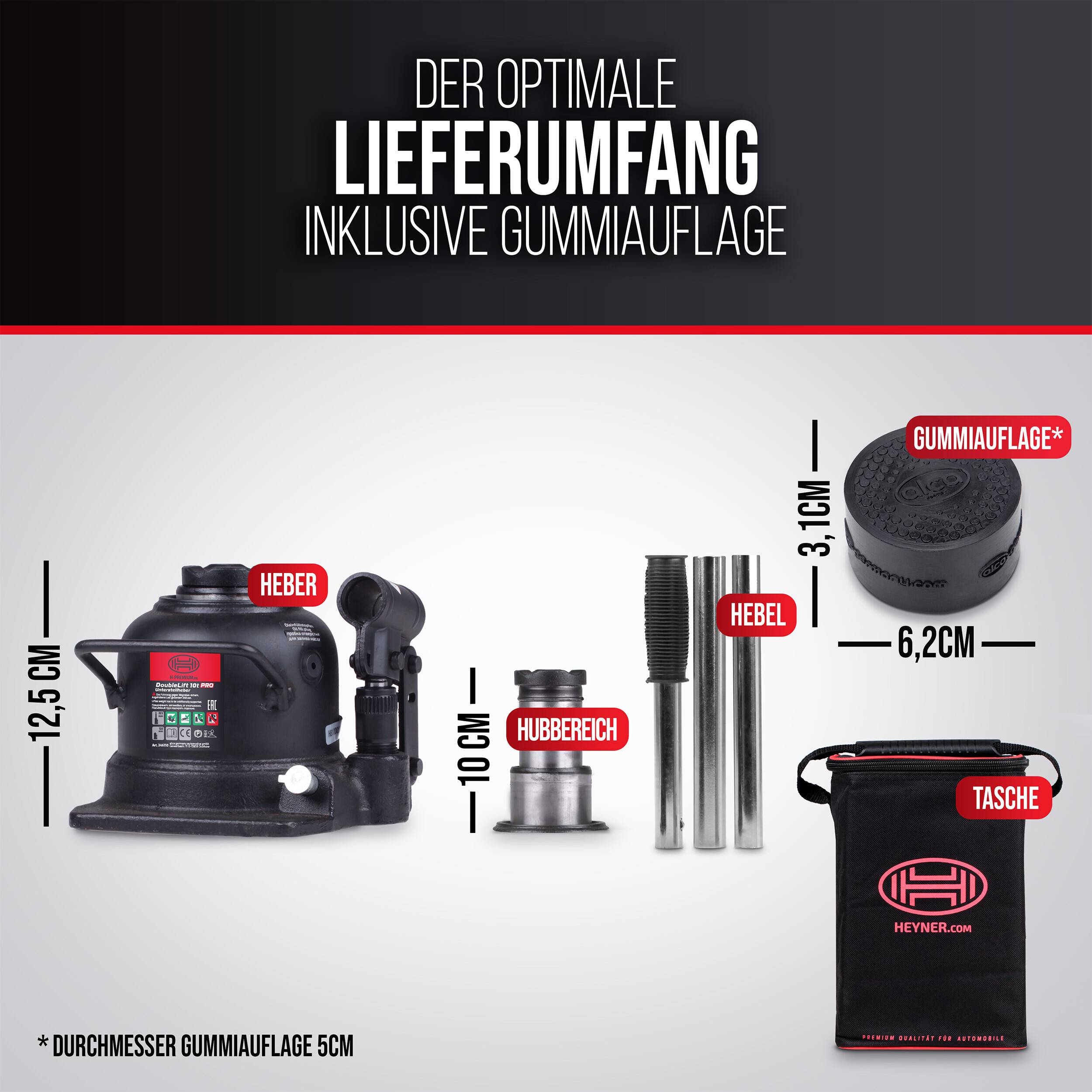 HEYNER® Autoheber Set 10t extra flach I hydraulischer Wagenheber 2-stufig mit alca® Gummiauflage I Unterstellheber für
