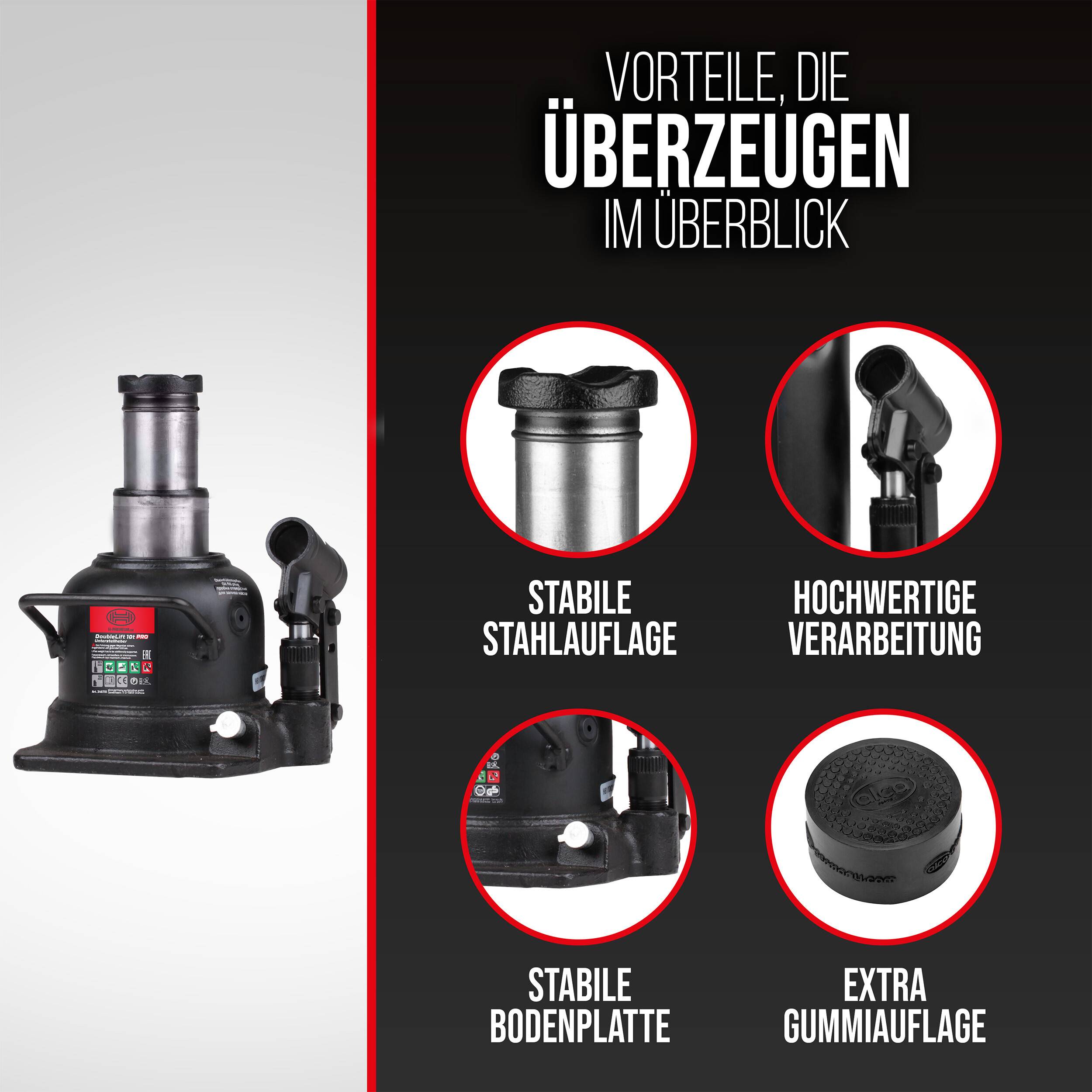 HEYNER® Autoheber Set 10t extra flach I hydraulischer Wagenheber 2-stufig mit alca® Gummiauflage I Unterstellheber für