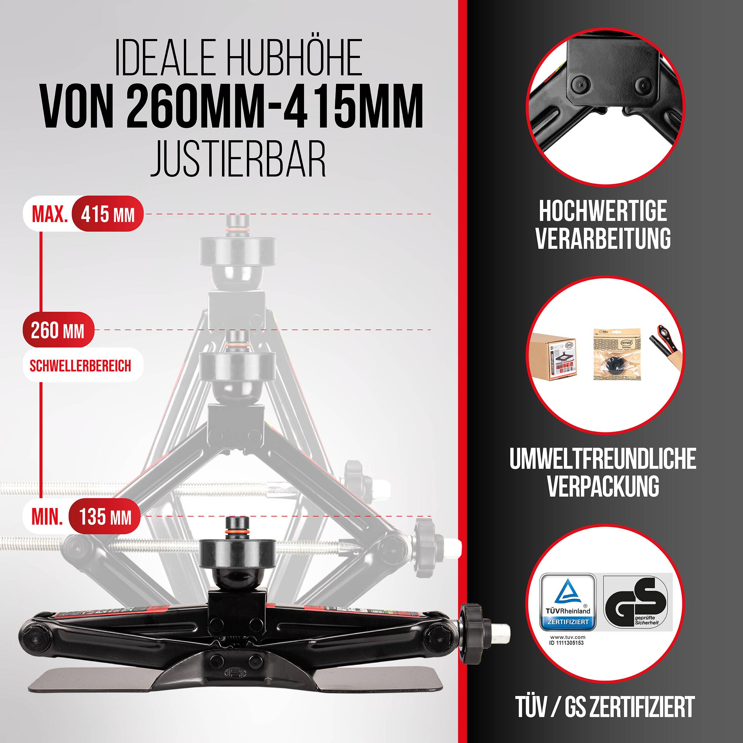 Infografik eines Autoscherenheber mit verstellbarer Hubhöhe von 260 mm bis 415 mm, mit Beschriftungen für min 135 mm, Schwellwertbereich, hochwertige Konstruktion, Umweltverpackung und TÜV/GS-Zertifizierung.