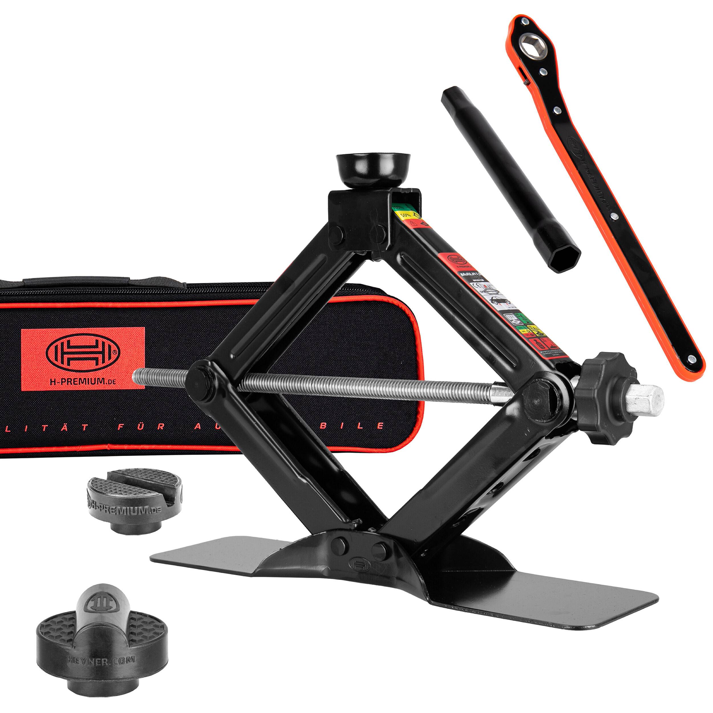 HEYNER® Scherenwagenheber 1,5t + individueller Gummiauflage für Audi I höhenverstellbar 112–395 mm, drehbarer Sattel,