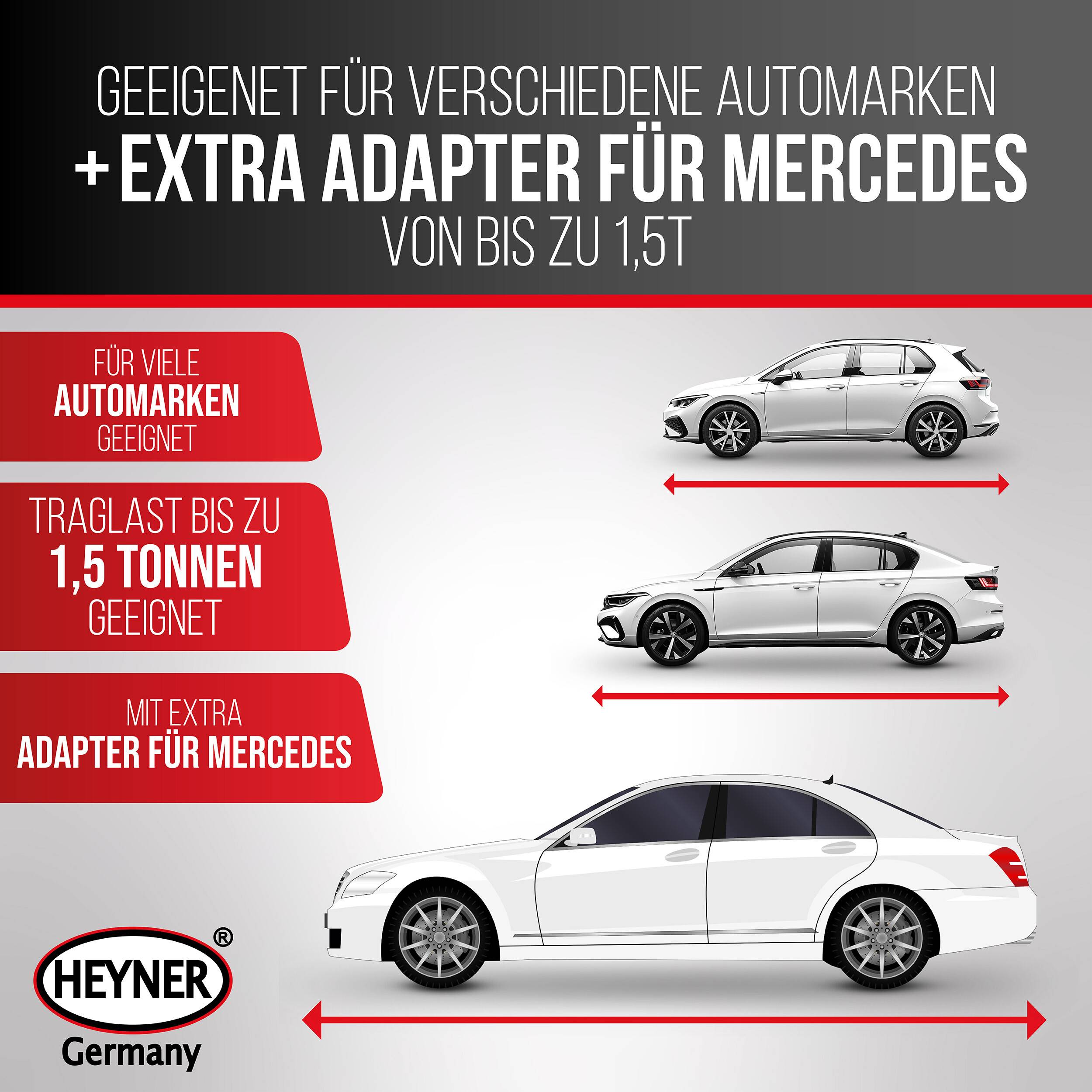 HEYNER® Scherenwagenheber 1,5t + individueller Gummiauflage für Mercedes, höhenverstellbar 112–395mm, Sattel drehbar,