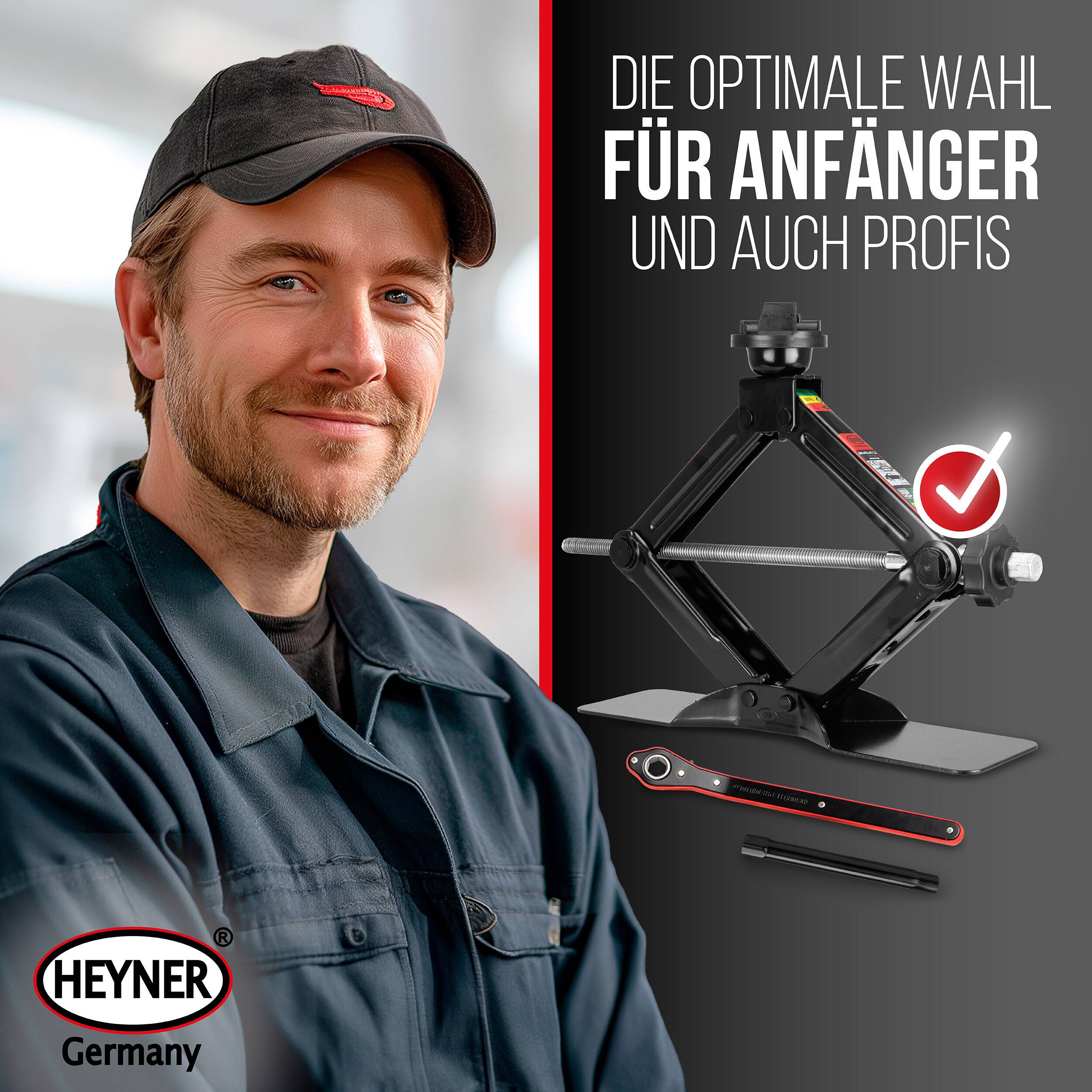 HEYNER® Scherenwagenheber 1,5t + individueller Gummiauflage für Mercedes, höhenverstellbar 112–395mm, Sattel drehbar,