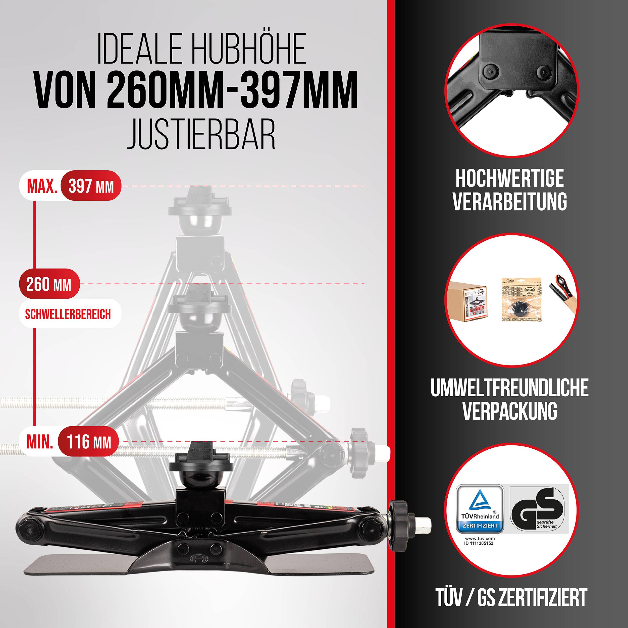 Ein Wagenheber mit verstellbarer Höhe von 260 mm bis 397 mm wird mit TÜV/GS-Zertifizierung gezeigt. Er unterstreicht Qualität und umweltfreundliche Verpackung.