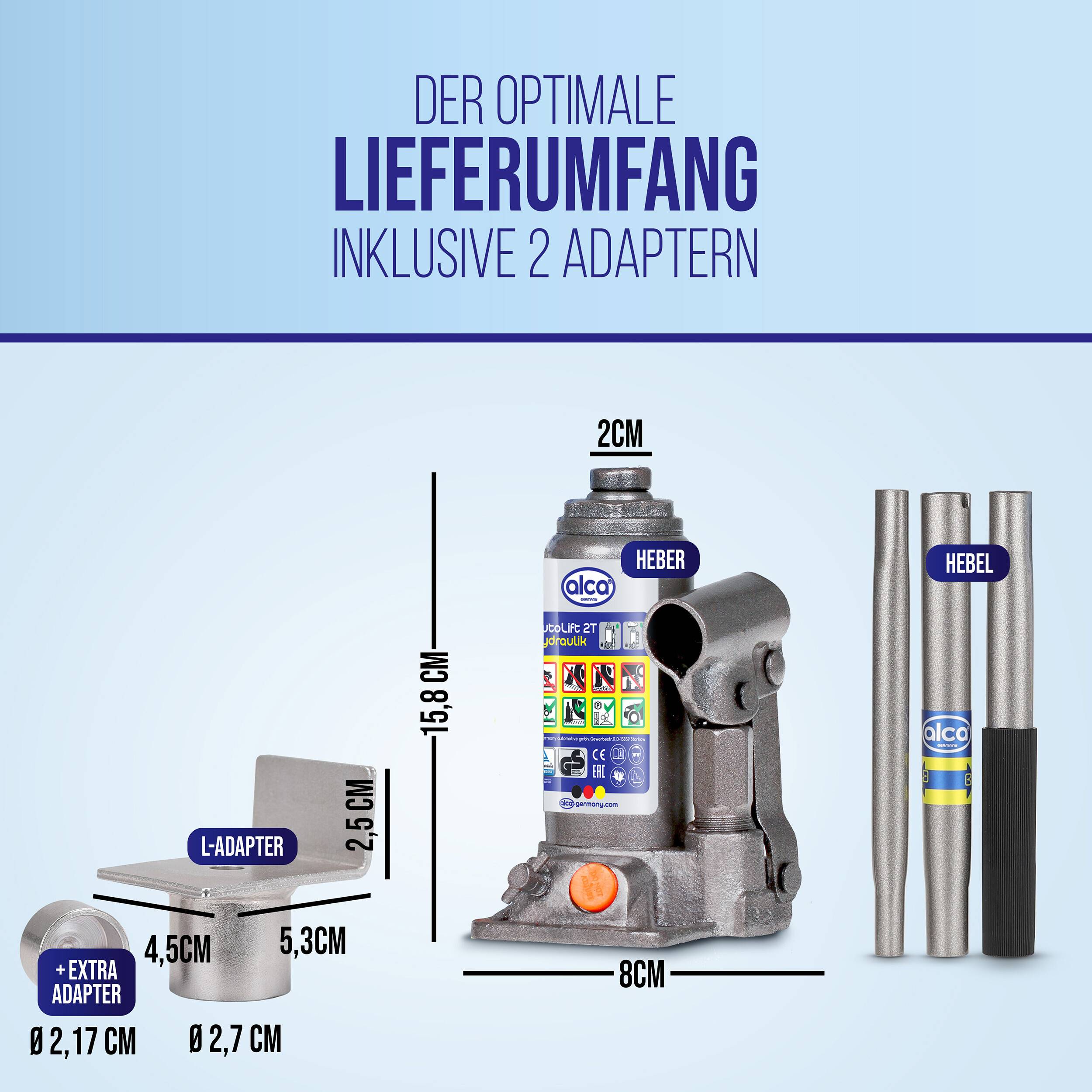 Produktinfografik zeigt den optimalen Lieferumfang mit 2 Adaptern und 2 Hubstangen, wobei wichtige Abmessungen in cm beschriftet sind.