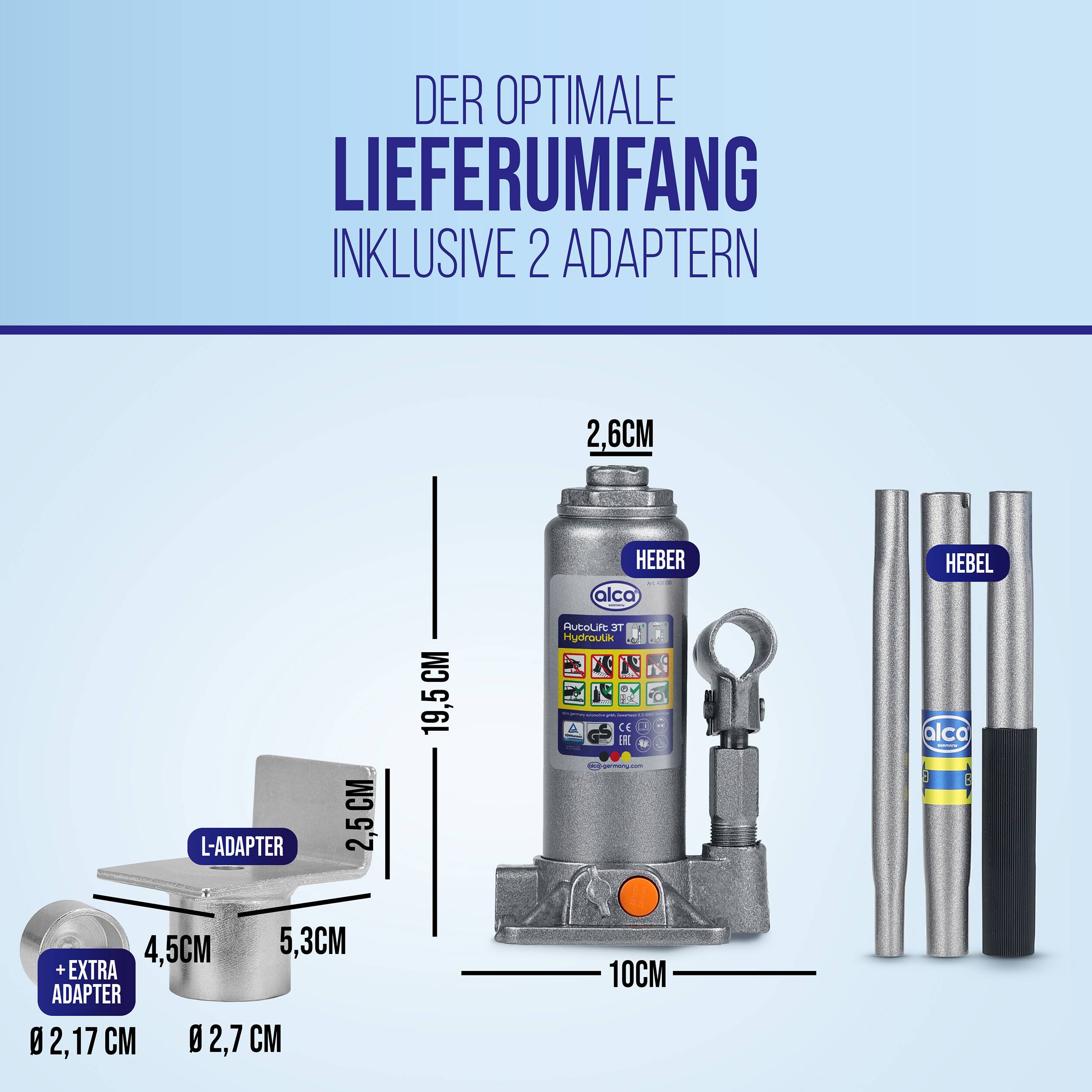 Produktdiagramm mit optimalem Lieferumfang: ein Flaschen-Wagenheber mit der Bezeichnung „Hebel