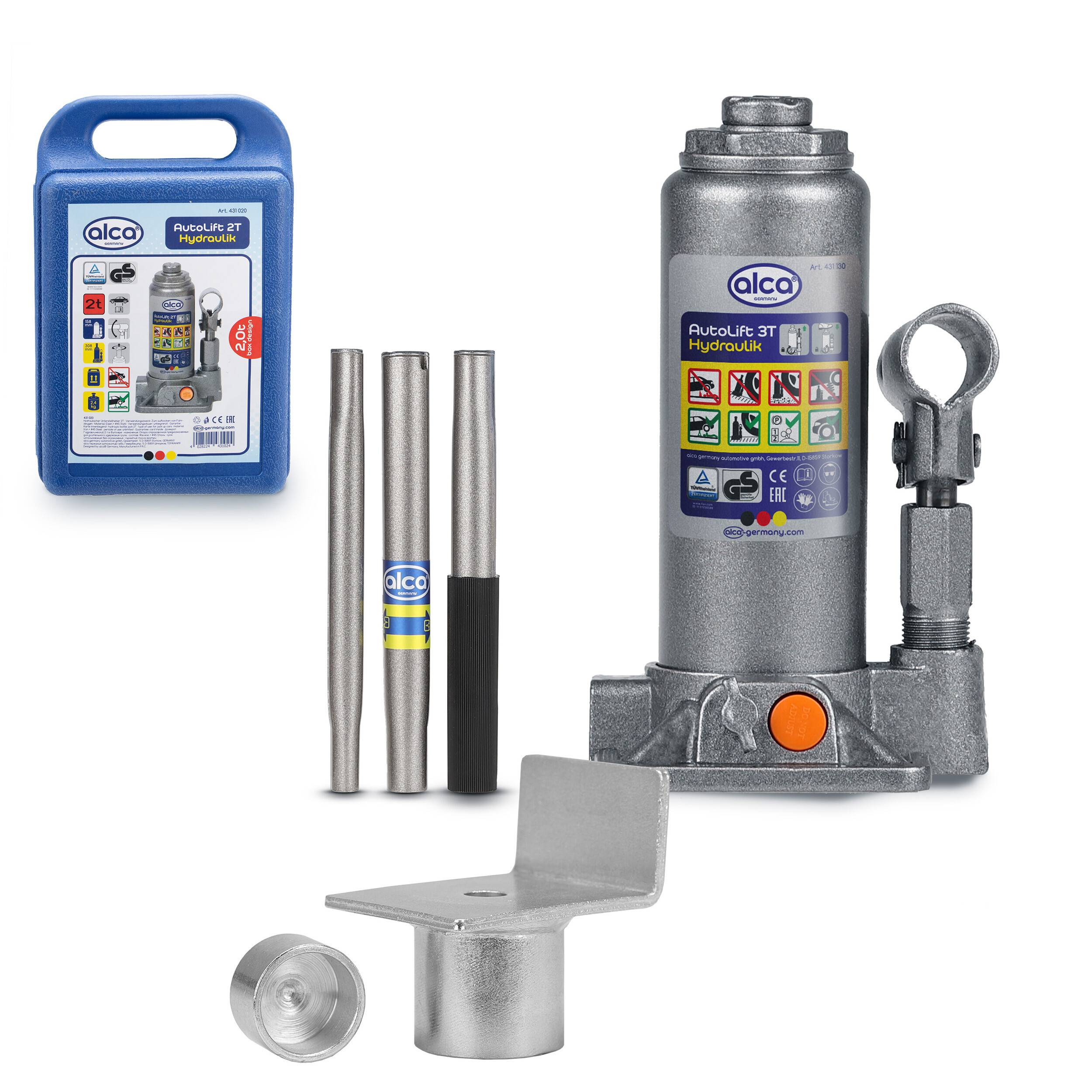 Ein Set mit einem kompakten hydraulischen Flaschenhebezeug mit Zubehör. Enthält einen Tragekoffer mit sichtbarem Etikett und verschiedenen Anschlüssen.