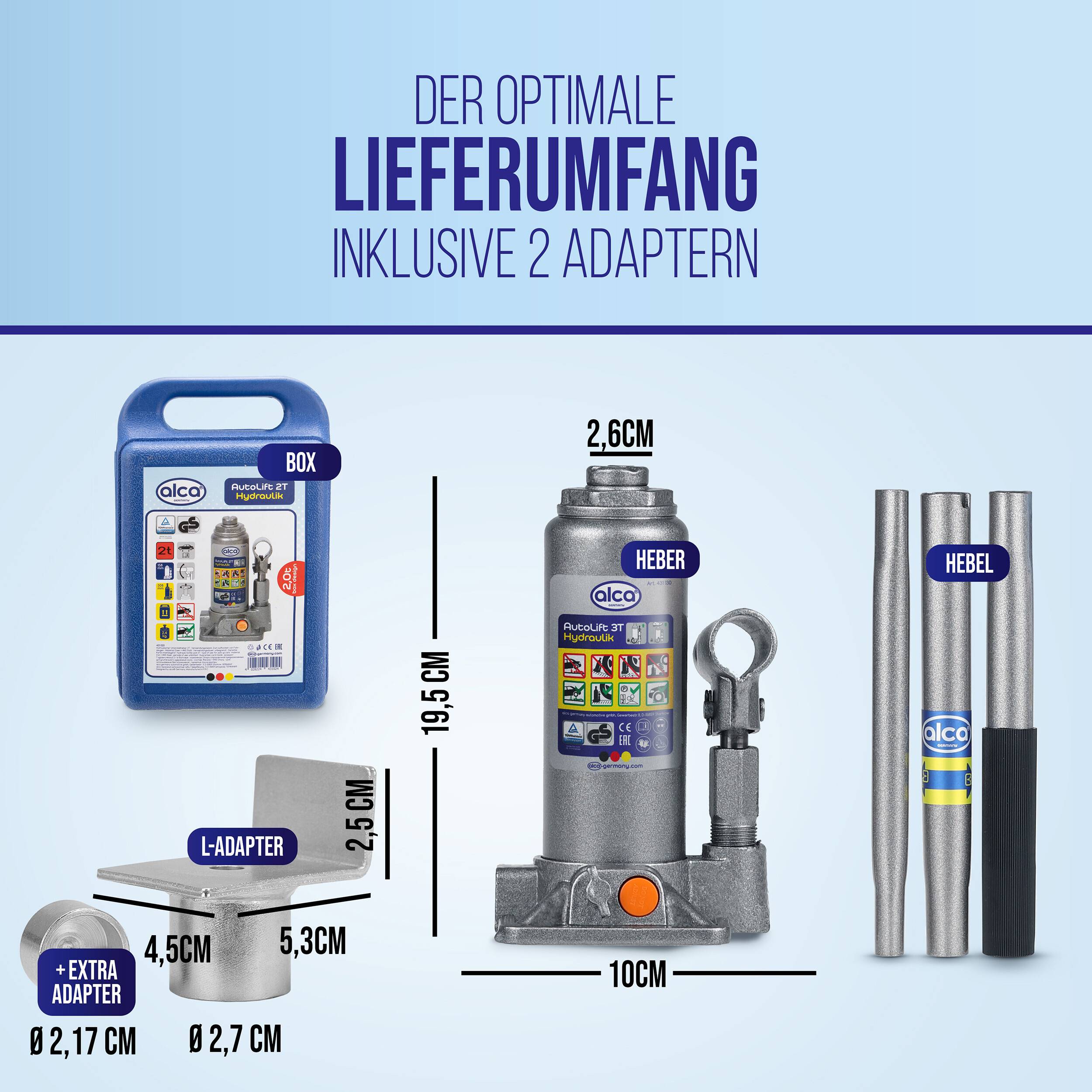 Produktbild zeigt das optimale Lieferset: Karton, L-Adapter, zusätzlicher Adapter, Buchse und drei Griffstangen, mit Abmessungen in Zentimetern gekennzeichnet.