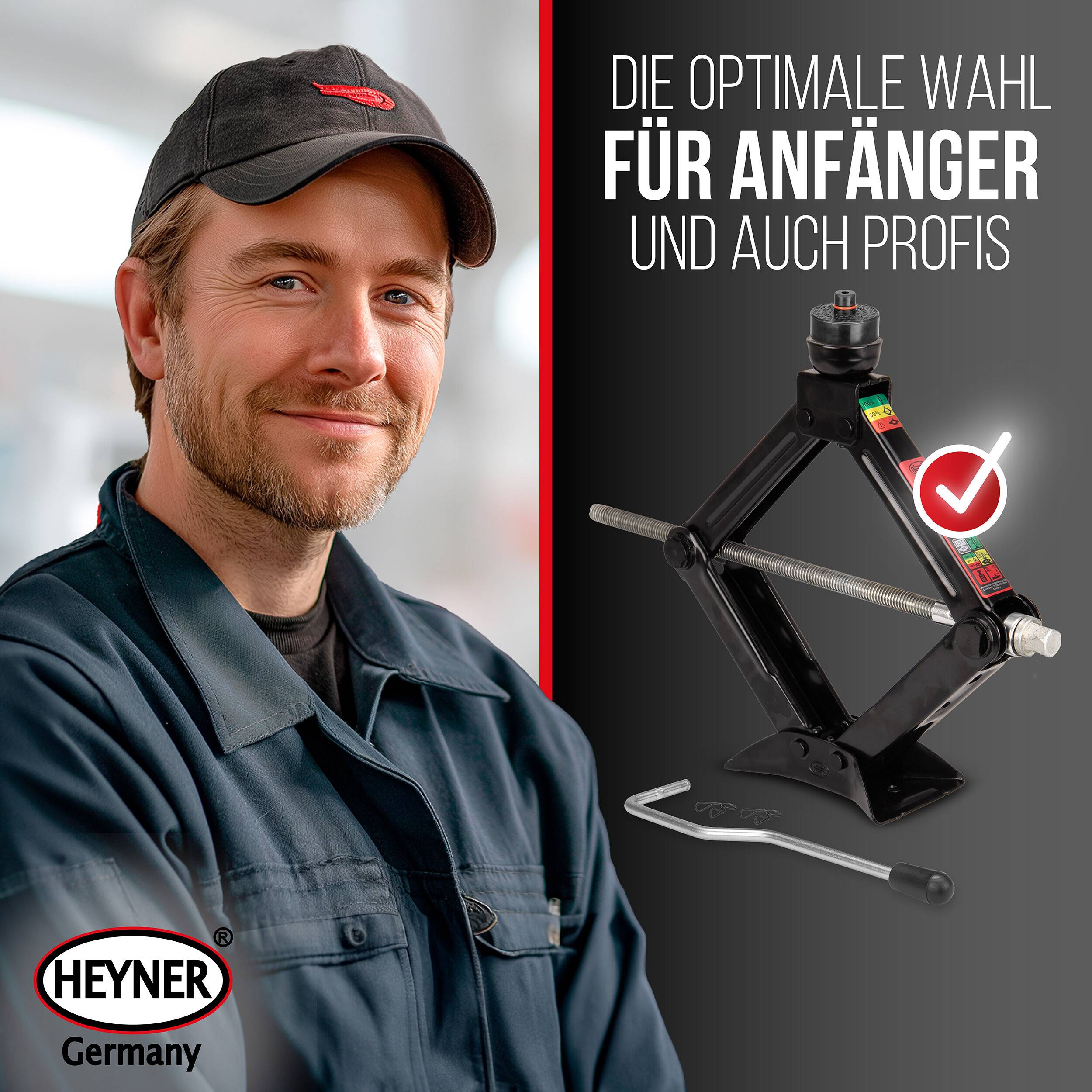 HEYNER® Wagenheber Scherenwagenheber 2t. Set inkl. Gummiauflage für Tesla, 360° drehbar, TÜV Rheinland zertifiziert, GS