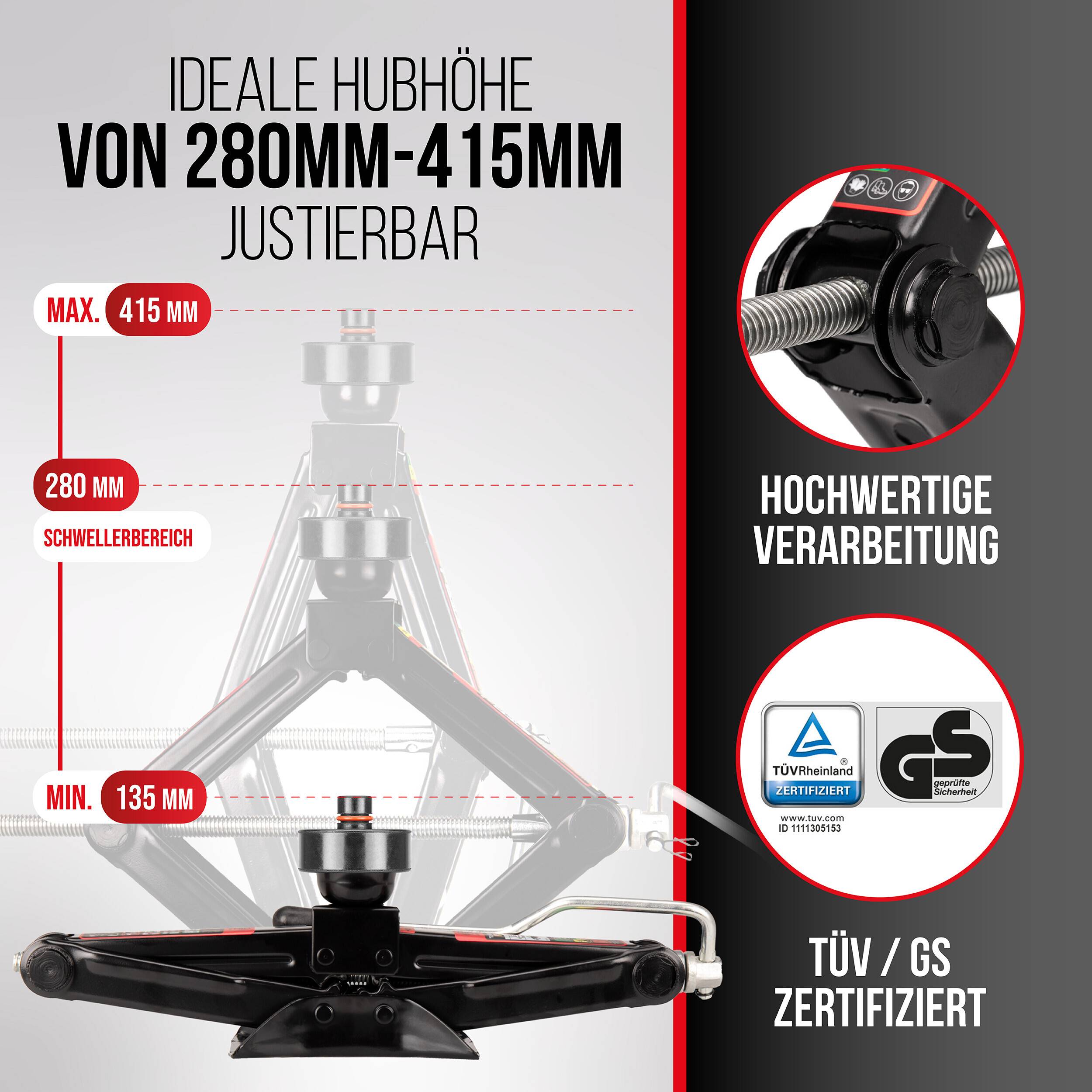 Verstellbarer Wagenheber mit Höhenbereich von mindestens 135 mm bis maximal 415 mm, optimale Hubhöhe 280-415 mm; zeigt hochwertige Konstruktion und TÜV/GS-Zertifizierung.
