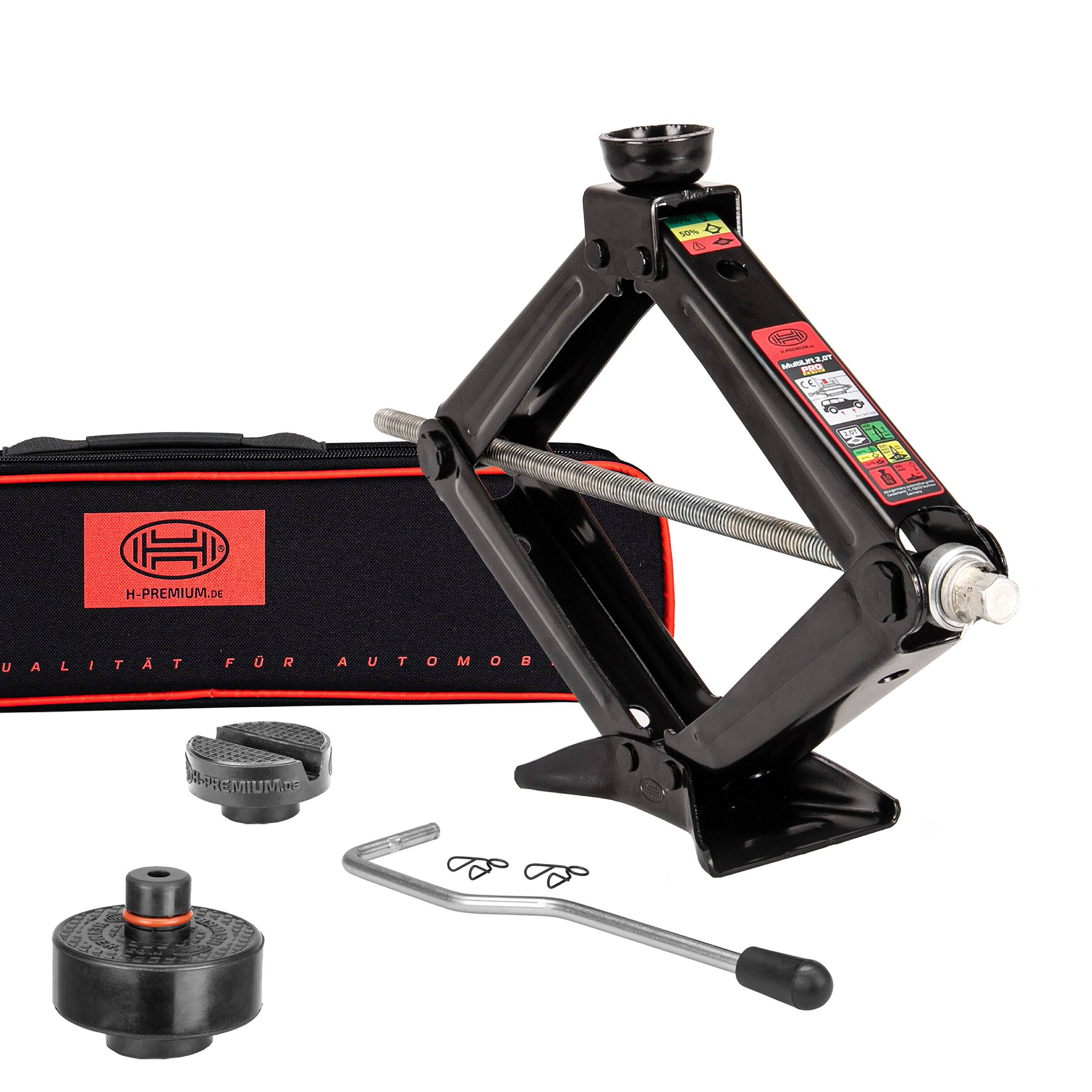 HEYNER® Wagenheber Scherenwagenheber 2t Tragkraft, Set inkl. Gummiauflage für Tesla, 360° drehbar, TÜV Rheinland