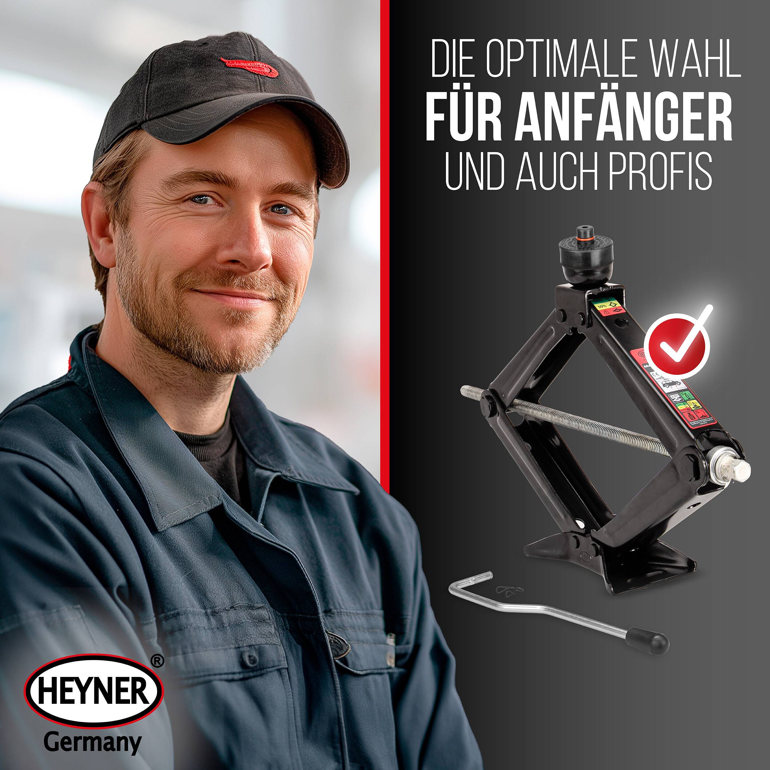 Werbebild eines lächelnden Mechanikers neben einem Wagenheber, mit deutschem Text „Die optimale Wahl für Anfänger und auch Profis