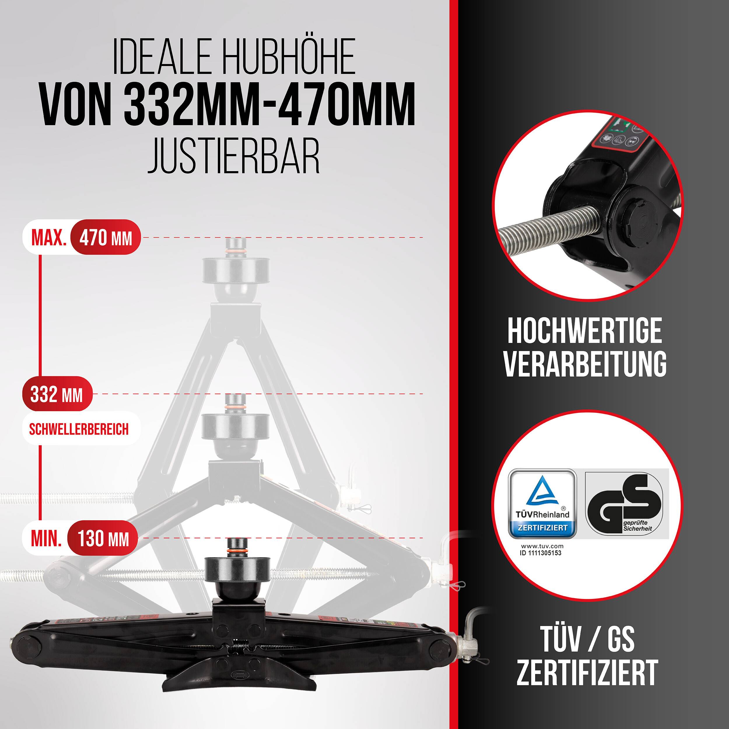 Verstellbare Schwenkhöhe von 332 mm bis 470 mm; zeigt hochwertige Verarbeitung und TÜV/GS-Zertifizierung an einem schwarzen Wagenheber oder Stützgerät.