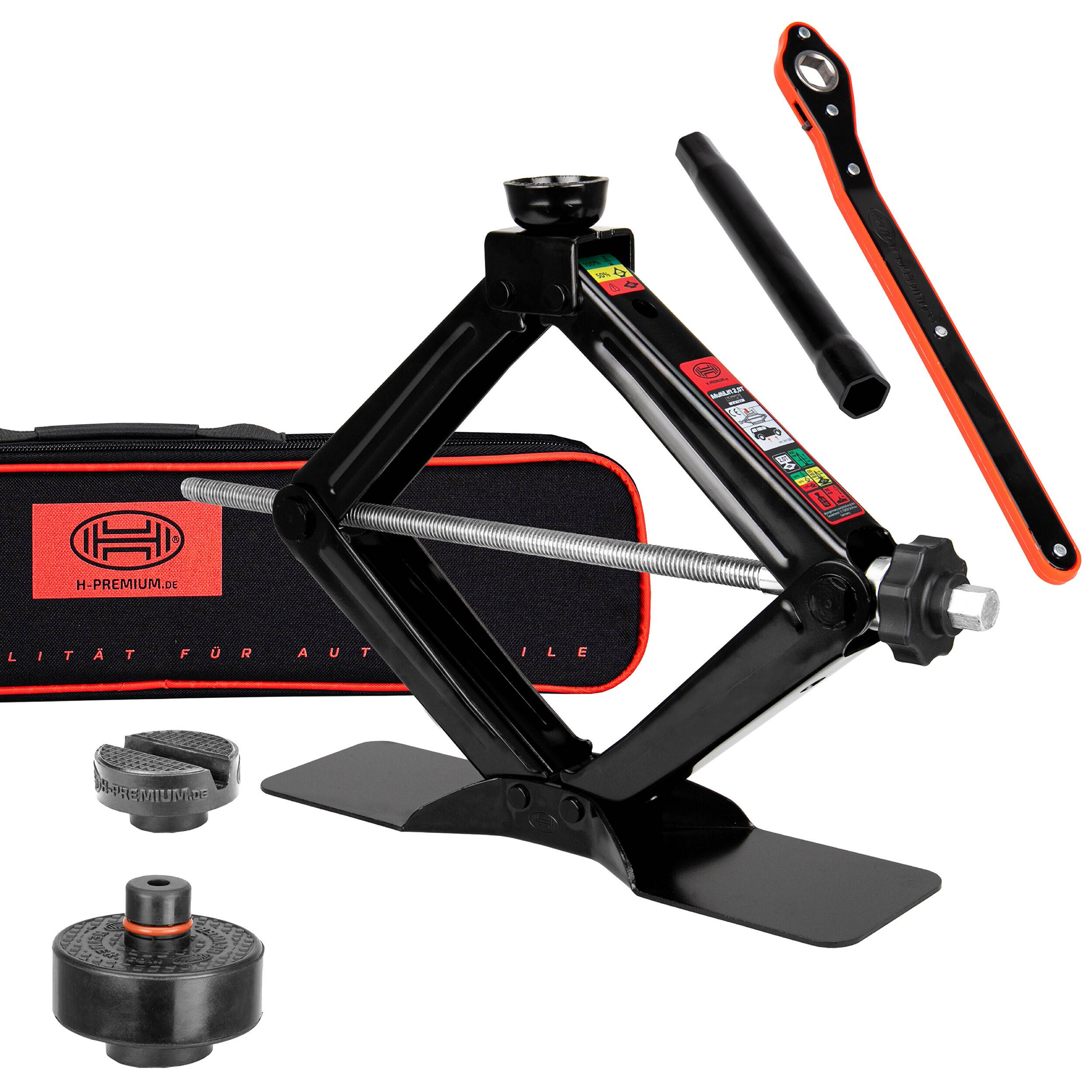 HEYNER® Wagenheber Scherenwagenheber 2t, Set inkl. Gummiauflage für Tesla, 360° drehbar, inkl. Ratsche & Tasche, TÜV