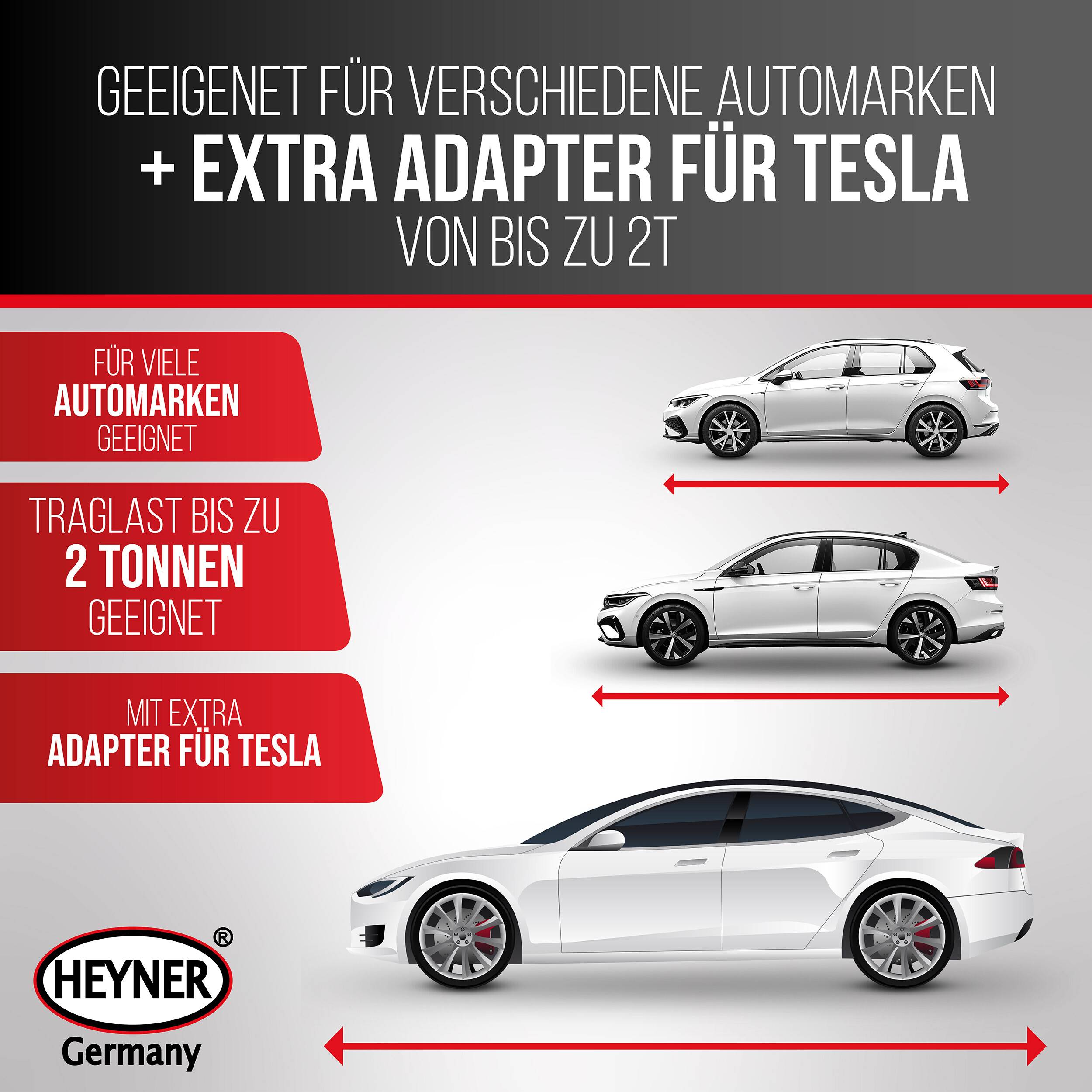 HEYNER® Wagenheber Scherenwagenheber 2t, Set inkl. Gummiauflage für Tesla, 360° drehbar, inkl. Ratsche & Tasche, TÜV