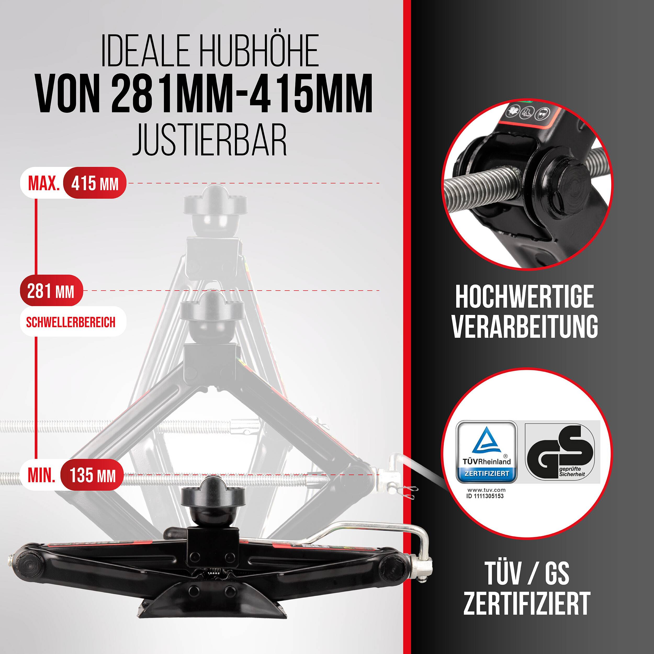 Infografik eines Wagenhebers mit verstellbarer Hubhöhe von mindestens 135 mm bis maximal 415 mm, mit TÜV/GS-zertifizierter Qualität und Nahaufnahme von Hardware-Details.