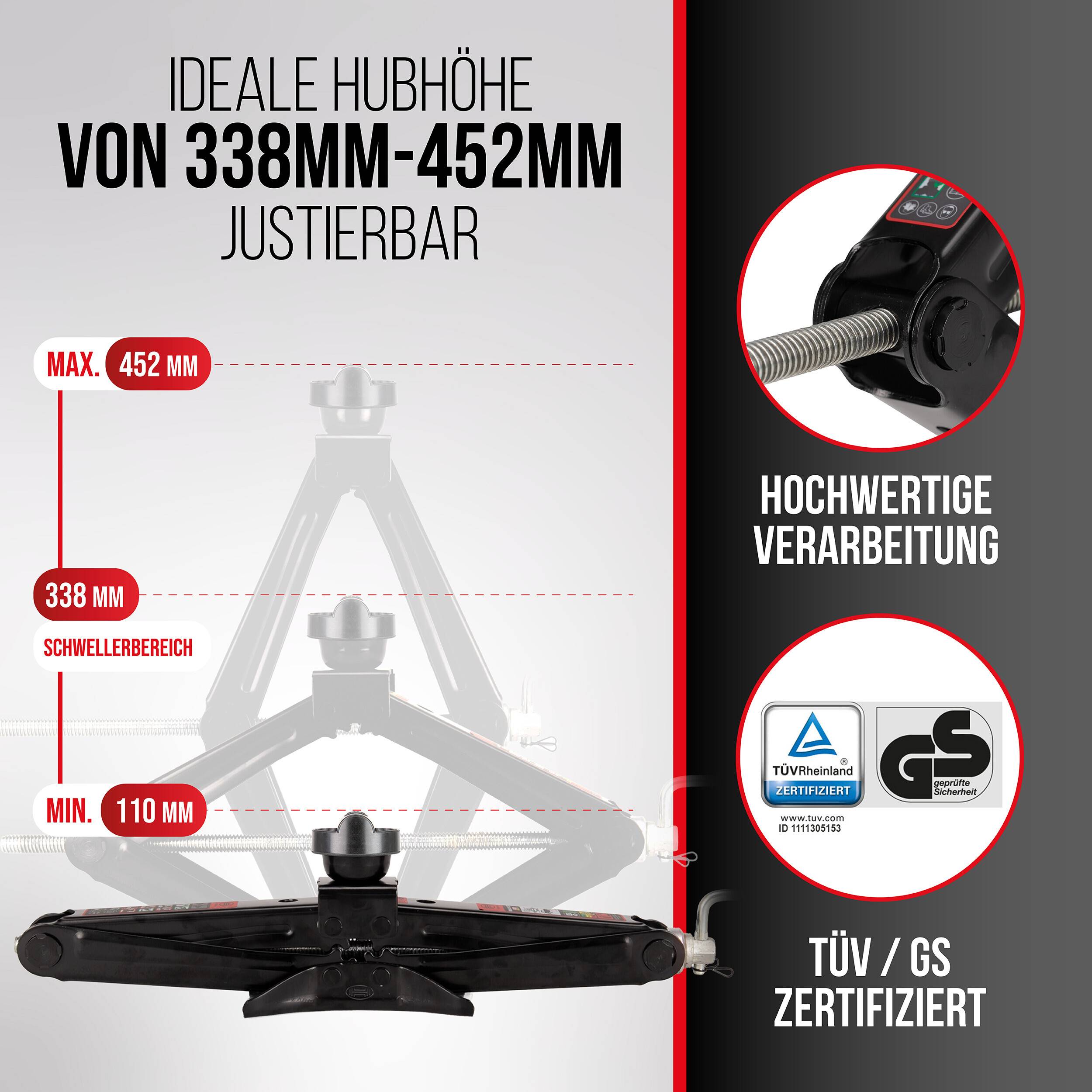 HEYNER® Wagenheber Scherenwagenheber 2t Tragkraft, Set Gummiauflage für Audi, 360° drehbar, TÜV Rheinland zertifiziert,