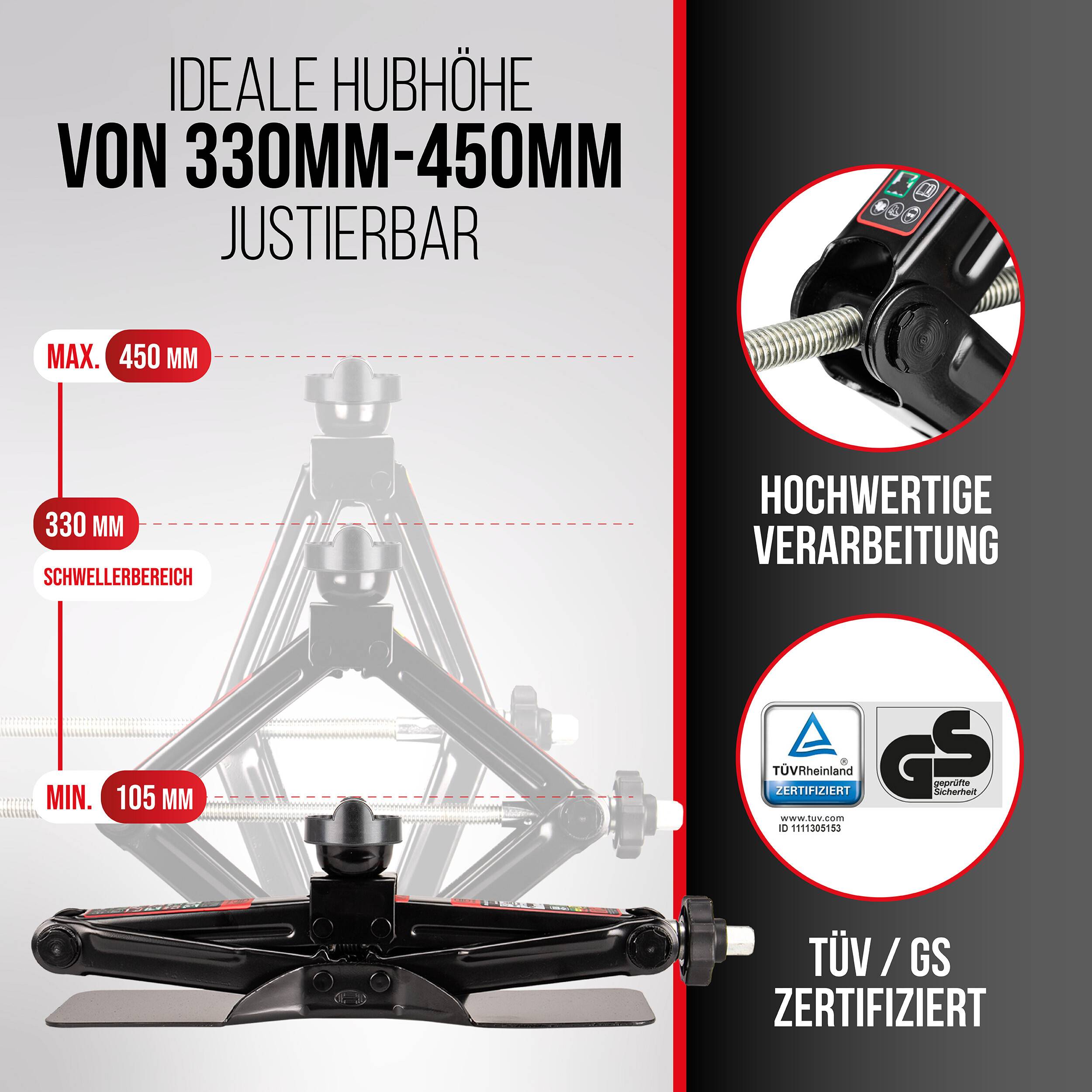Werbegrafik, die einen verstellbaren Wagenheber mit idealer Hubhöhe von 330 mm bis 450 mm, Mindesthöhe von 105 mm und TÜV/GS-zertifizierten Qualitätsmerkmalen zeigt.
