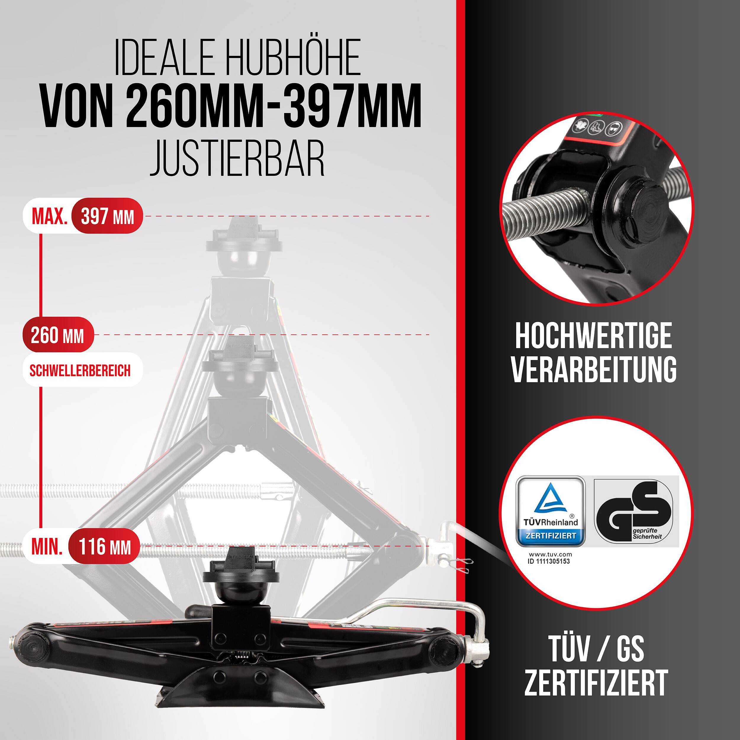 Wagenheber verstellbar von 116 bis 397 mm, mit 'TÜV/GS zertifiziert' und hochwertige Konstruktion im Detail dargestellt.