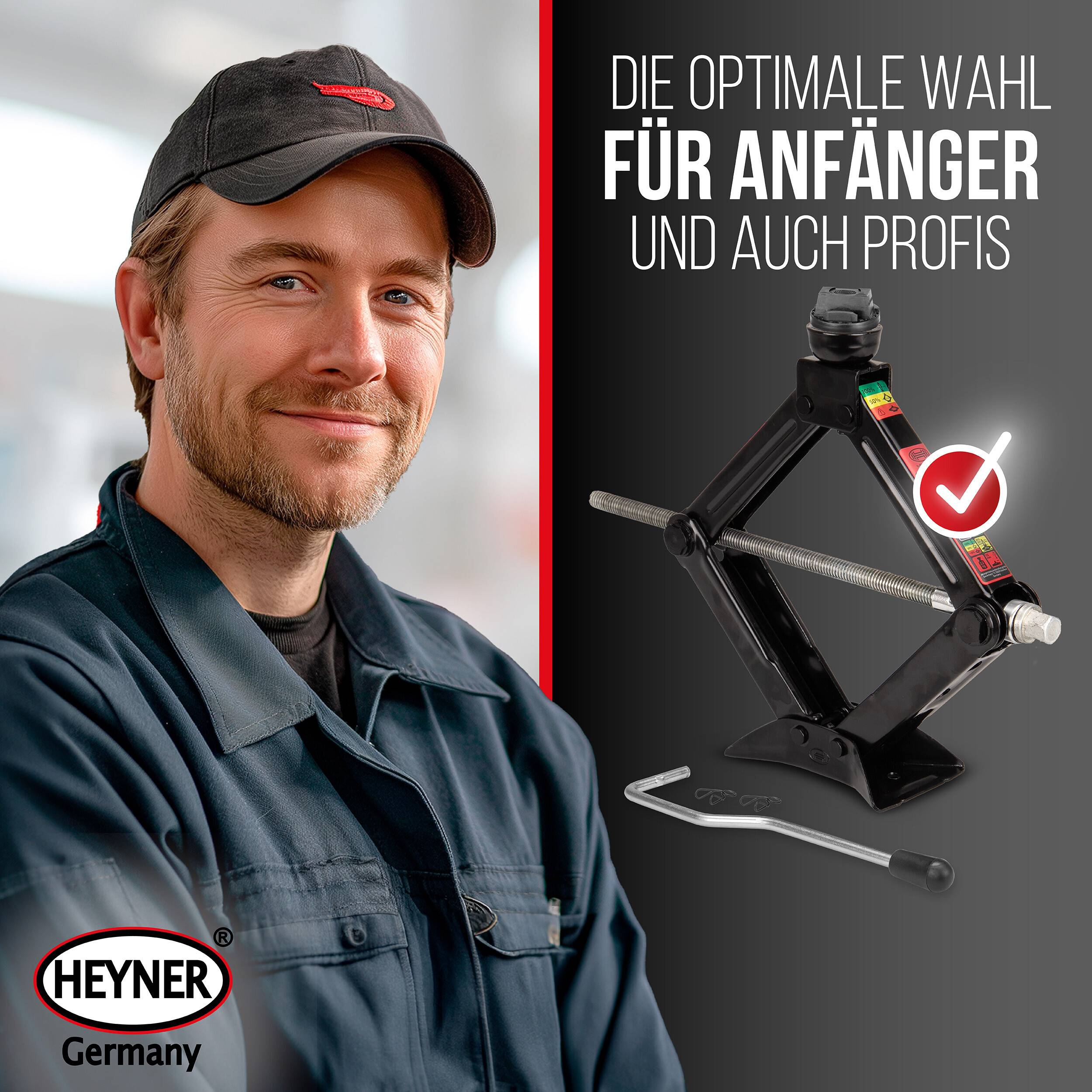 Werbebild eines lächelnden Mechanikers neben einem Wagenheber, mit deutschem Text „Die optimale Wahl für Anfänger und auch Profis