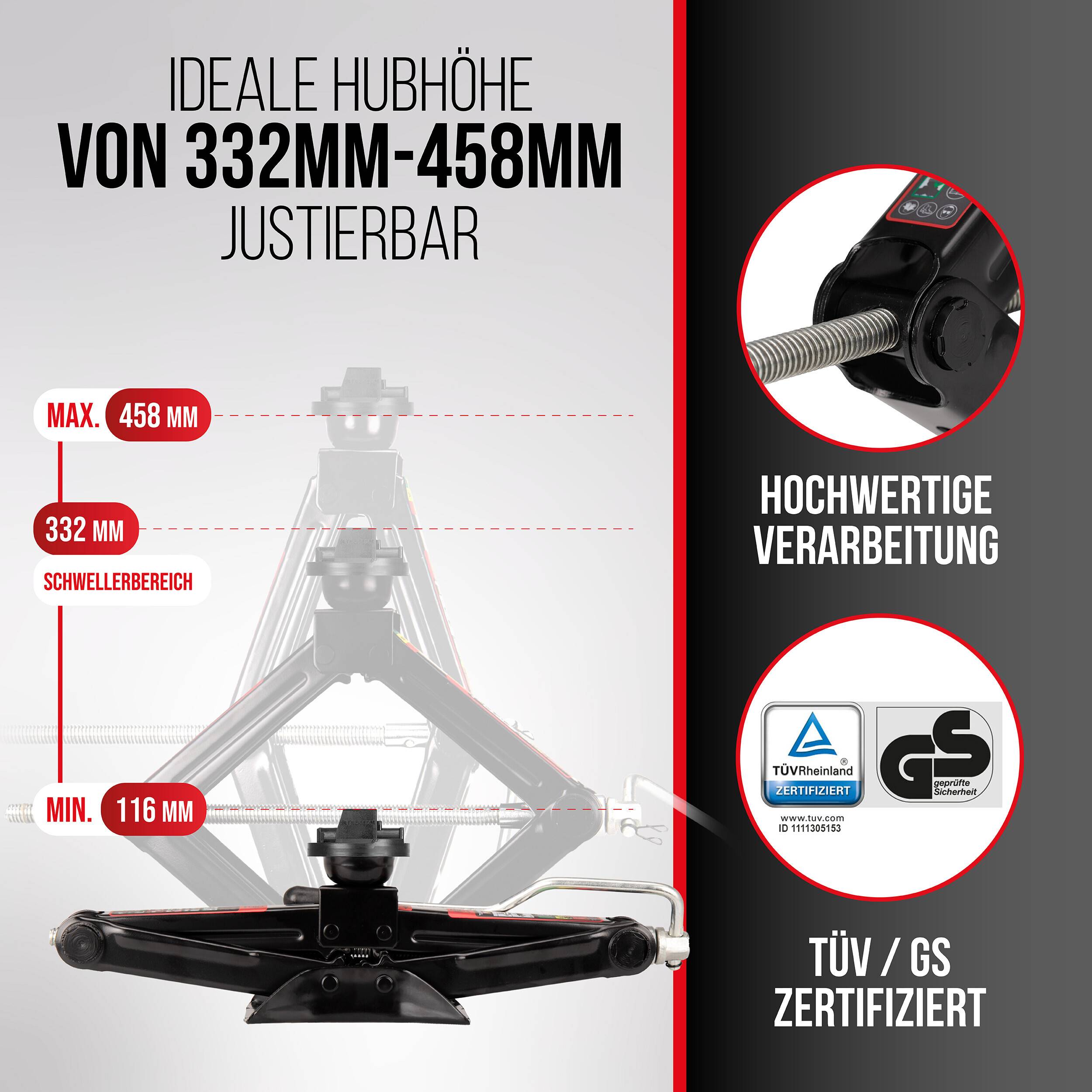 Infografik einer Flaschenhebers mit verstellbarer Hubhöhe von 332 mm bis 458 mm, mindestens 116 mm; enthält Nahaufnahmen für hochwertige Verarbeitung und TÜV/GS-Zertifizierung.
