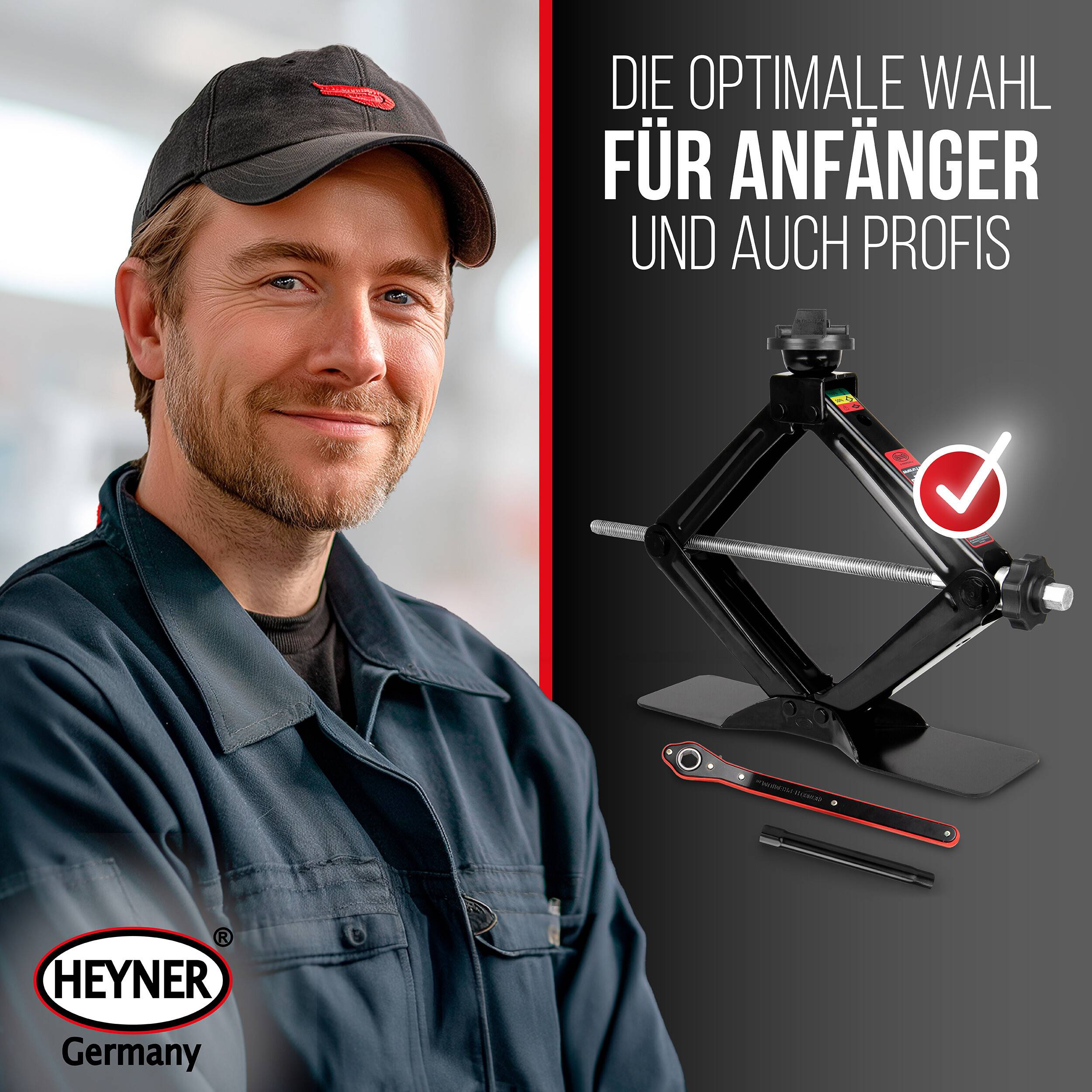 HEYNER® Wagenheber Scherenwagenheber 2t,Set inkl. Gummiauflage für Mercedes, 360° drehbar, inkl. Ratsche & Tasche, TÜV
