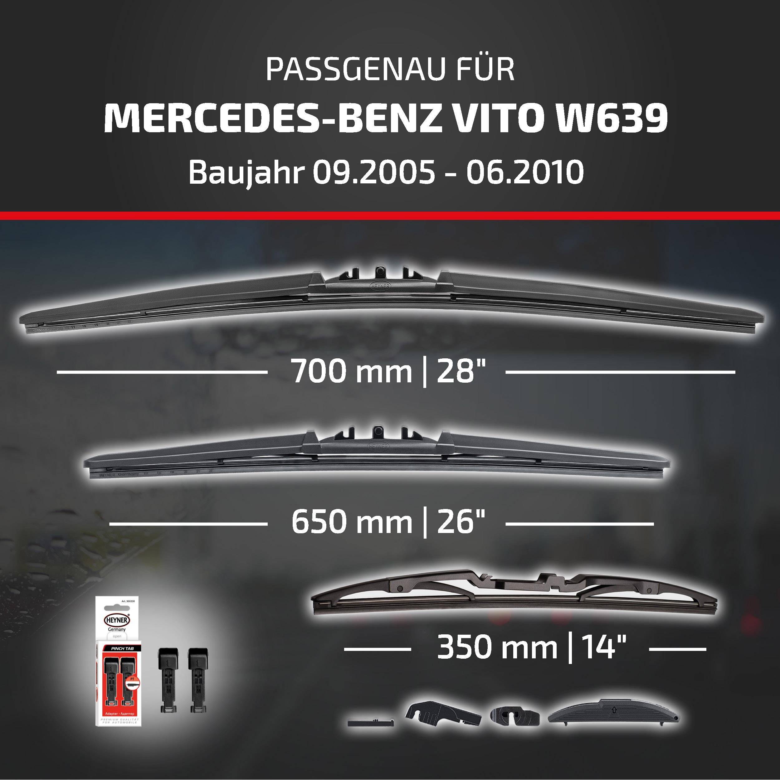 Passt auf Mercedes-Benz Vito W639, Modelljahre 09/2005–06/2010; zeigt kompatible Wischblattlängen von 700 mm, 650 mm und 350 mm mit Adapterbauteilen.
