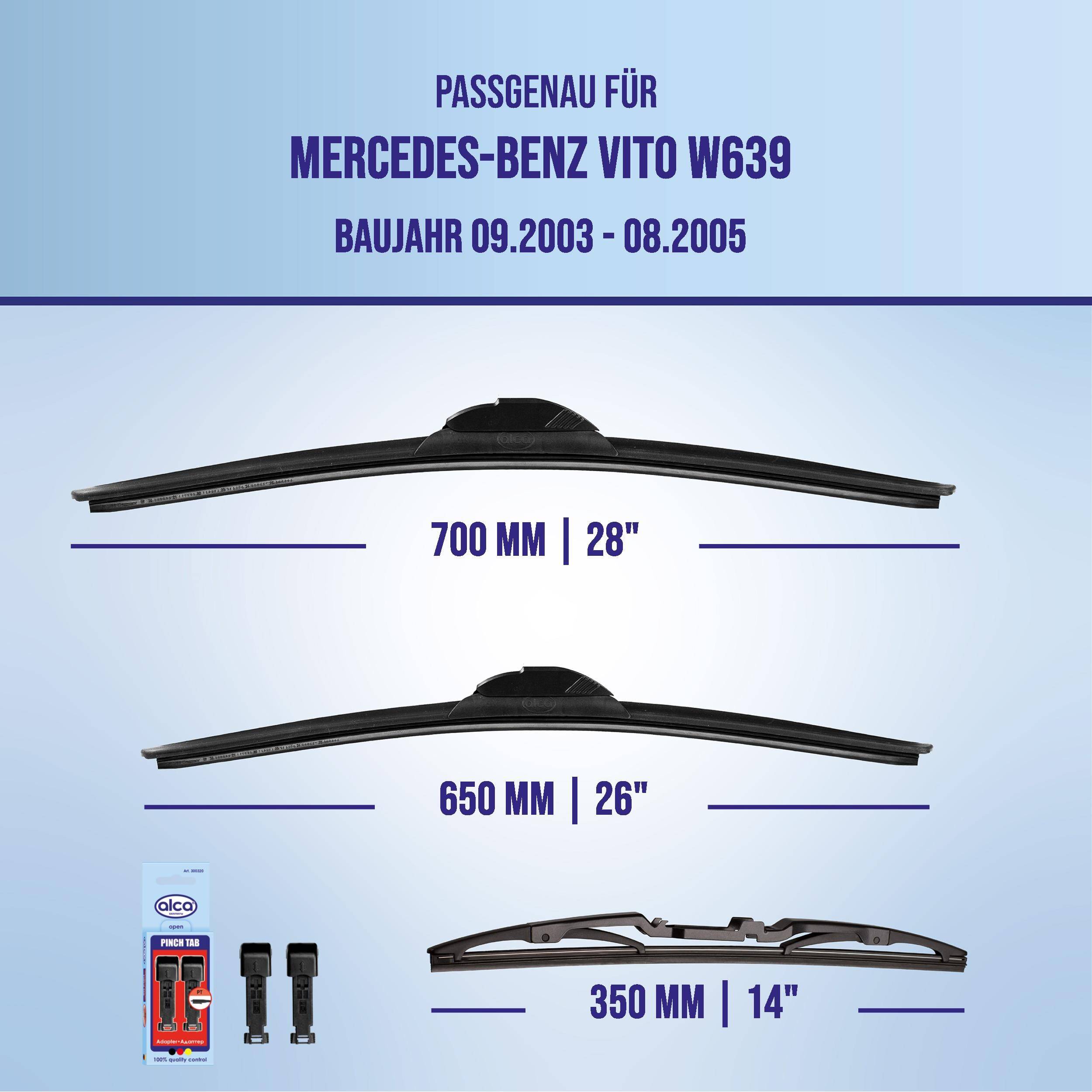 Grafik zeigt Scheibenwischergröße für Mercedes-Benz Vito W639 (Modelljahre 09.2003-08.2005): 700 mm, 650 mm und hinten 350 mm.