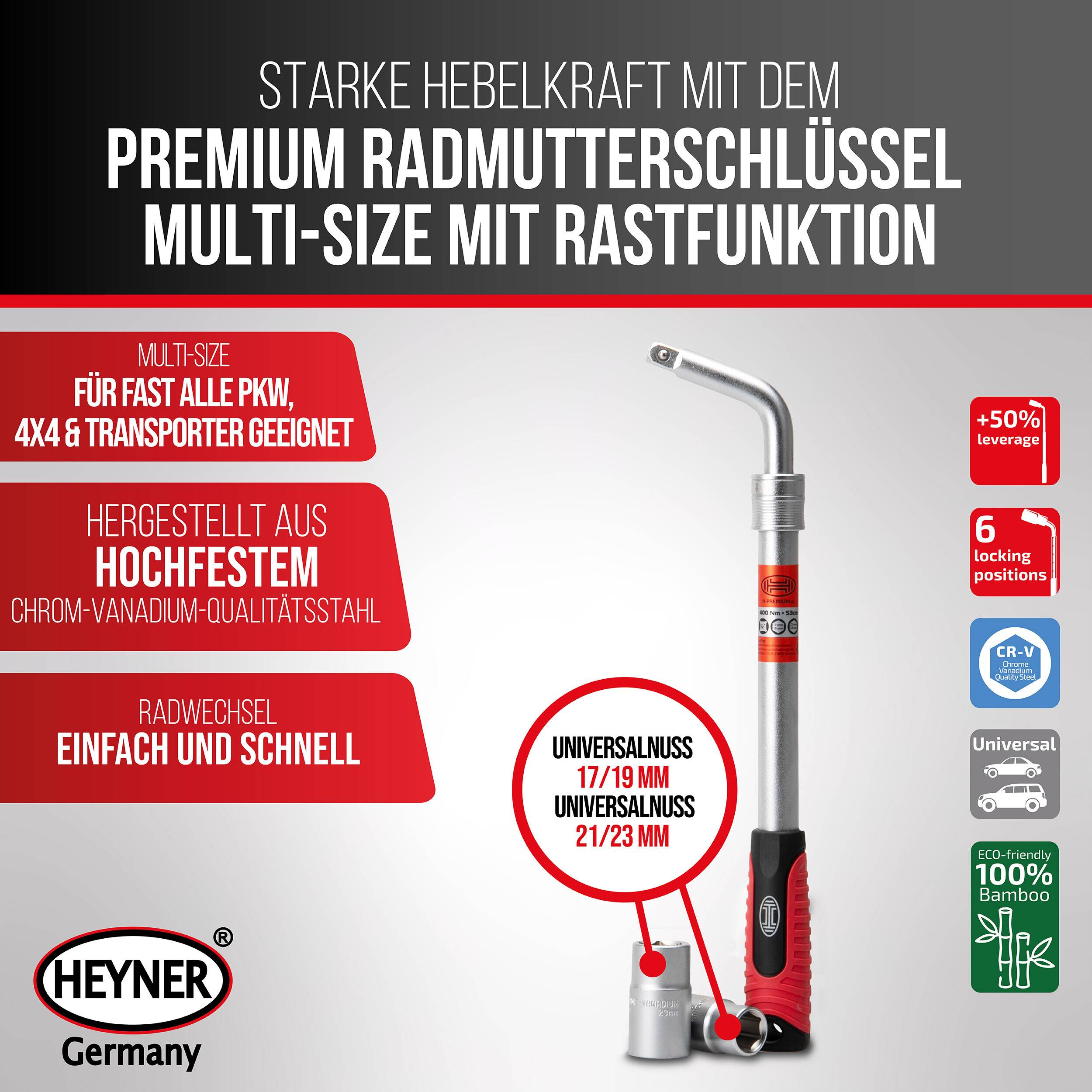 HEYNER® Radmutternschlüssel Teleskop 35–53 cm, Multi-Size 17/19 & 21/23 mm, Chrom-Vanadium, 50 % mehr Hebelkraft, mit