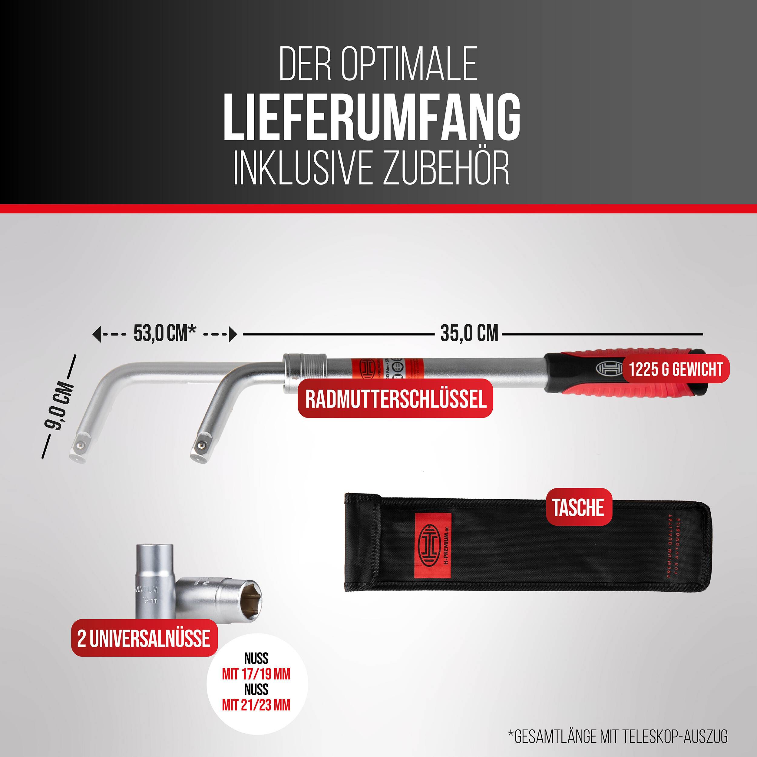 HEYNER® Radmutternschlüssel Teleskop 35–53 cm, Multi-Size 17/19 & 21/23 mm, Chrom-Vanadium, 50 % mehr Hebelkraft, mit
