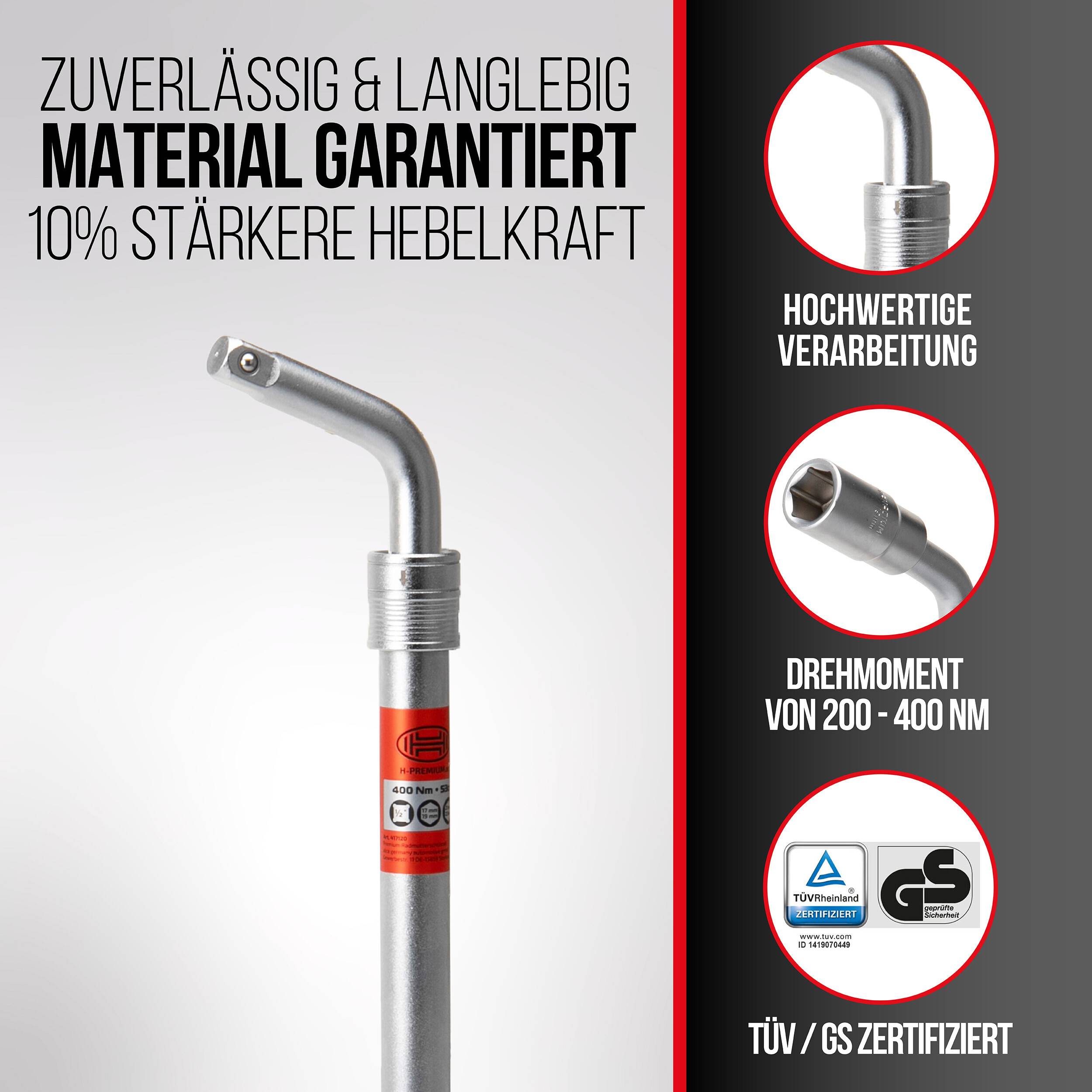 HEYNER® Radmutternschlüssel Teleskop 35–53 cm, Multi-Size 17/19 & 21/23 mm, Chrom-Vanadium, 50 % mehr Hebelkraft, mit